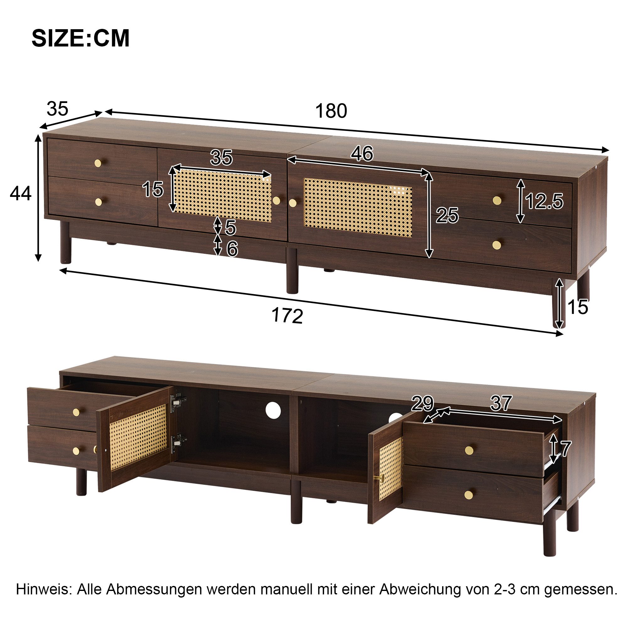 IDEASY TV-Schrank Holzfarbe TV- Schrank, Lowboard mit Rattan- Tür Design, 180×35×44 cm 2 Türen, 4 Schubladen, geeignet für TV-Geräte bis zu 80 Zoll