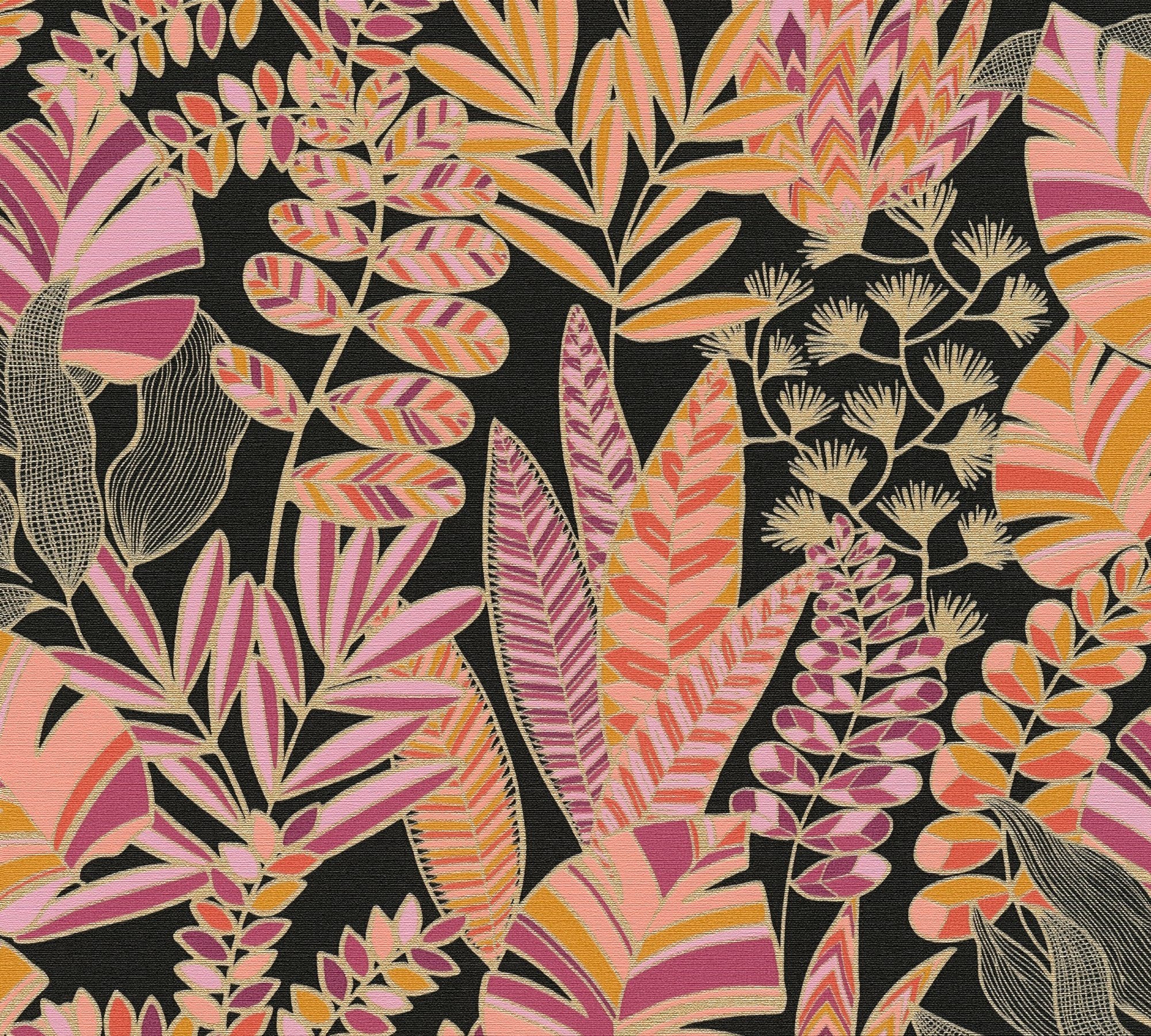 A.S. Création Vliestapete Antigua Tapete Floral, geprägt, matt, (1 St), Pflanzen Tapete mit Blättern Retro Bunt bunt,orange,pink