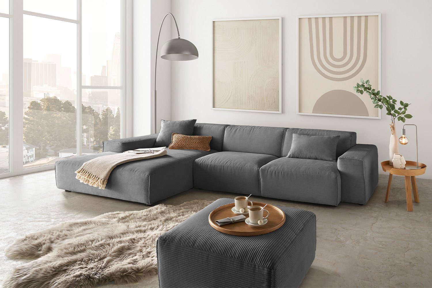 KAWOLA Ecksofa RANI, Sofa Cord, Recamiere rechts od. links, versch. Farben grau | grau