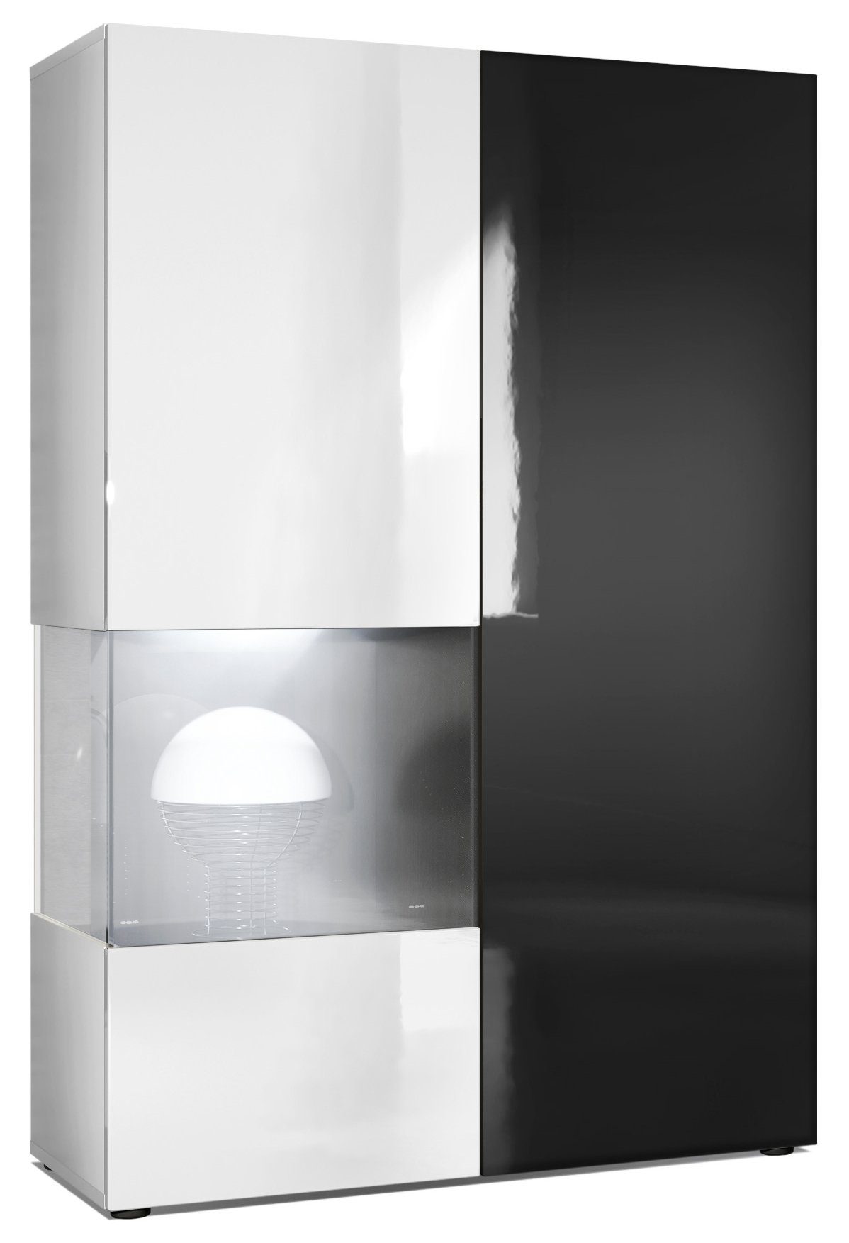 Vladon Standvitrine Morena (Standvitrine, mit 2 Türen dahinter ingesamt 7 Fächer) Weiß matt&glänzend/Schwarz glänzend mit Beleuchtung (92x135x37 cm)