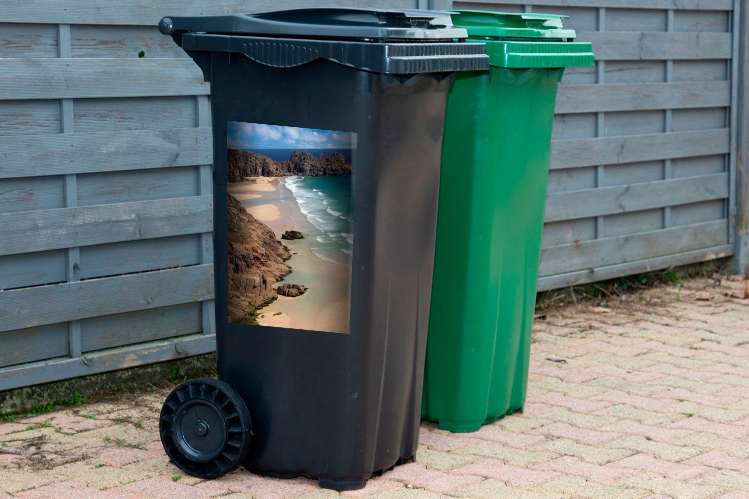 MuchoWow Wandsticker Wellen Mülleimer-aufkleber, Abfalbehälter St), Cornwall Mülltonne, (1 Container, spülen an von den Strand Sticker