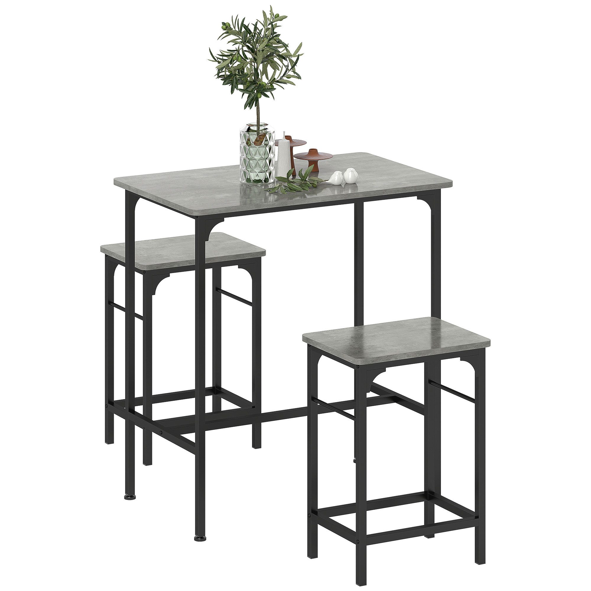 HOMCOM Bargruppe Bartisch für Küche, (Set, 3-tlg., Tisch mit 2 Hockern), Hocker unter Tisch schiebbar
