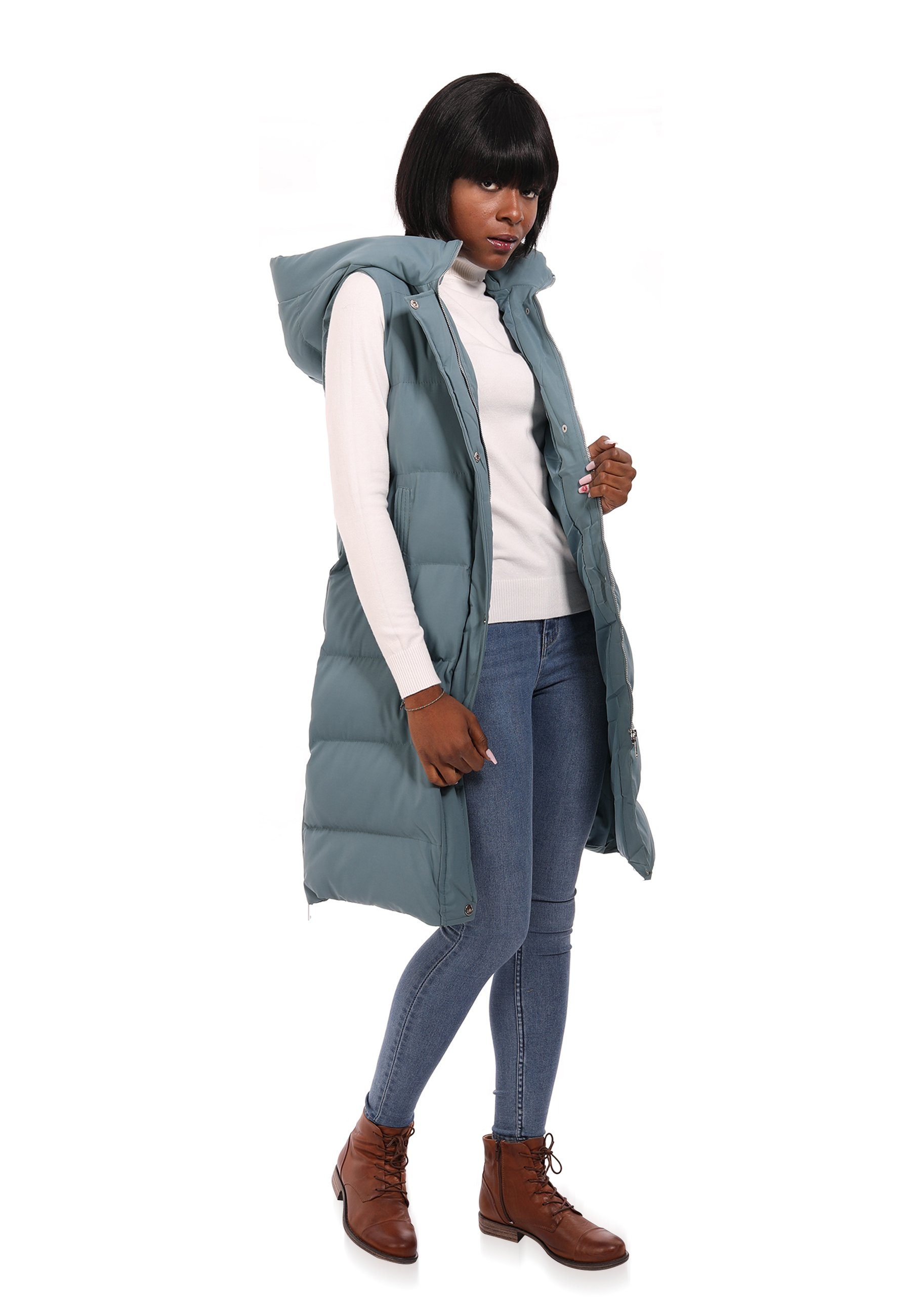 YC Fashion & Style Longweste Steppweste mit Kapuze in sportivem Look (Kein Set, 1 -tlg) in Unifarbe