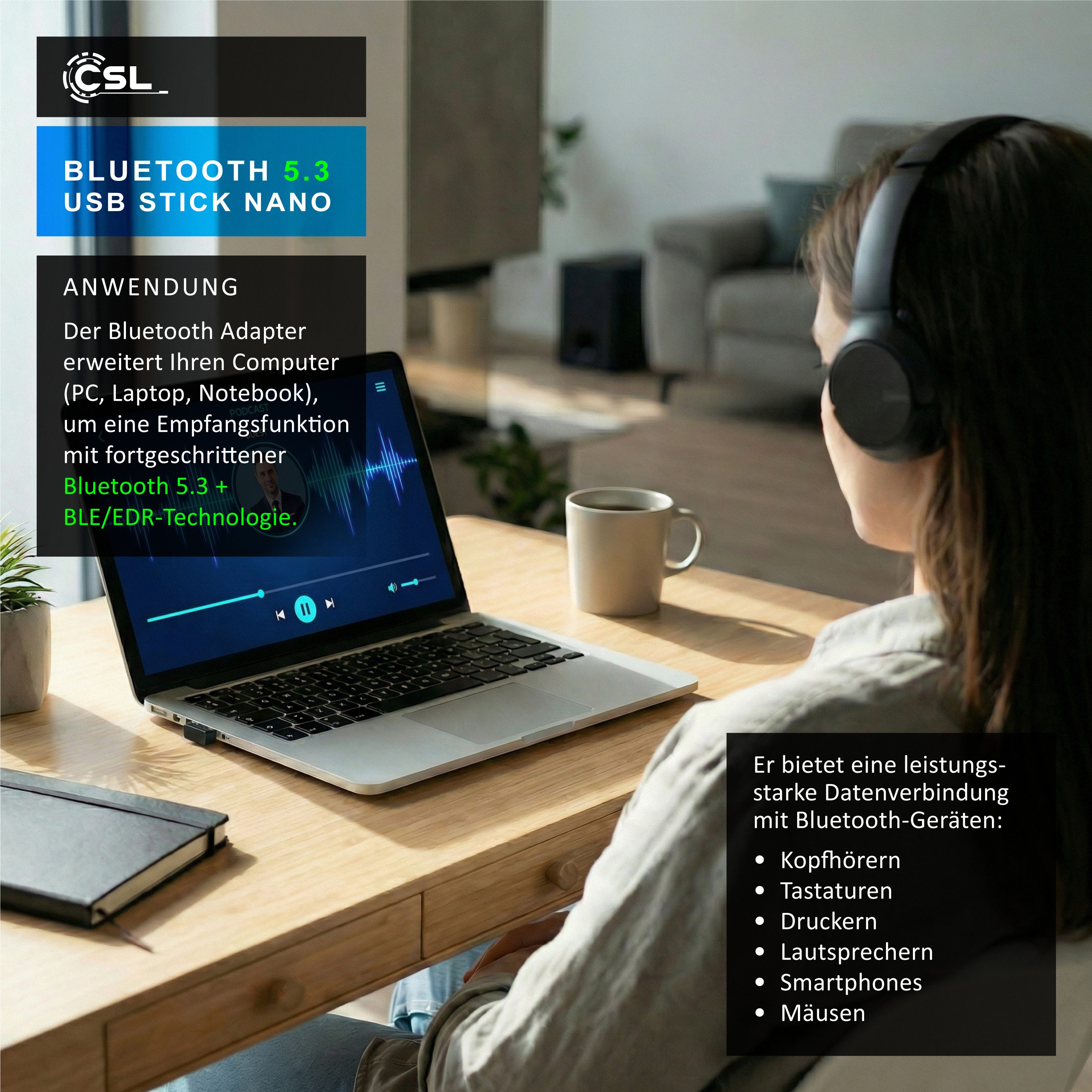 CSL BT USB Stick Nano, BT5.3 Adapter Dongle, Empfänger & Sender, bis 20 m Bluetooth-Adapter USB-A, 7 Geräte, für Kopfhörer, Lautsprecher, Maus, Tastatur, Windows 10 11