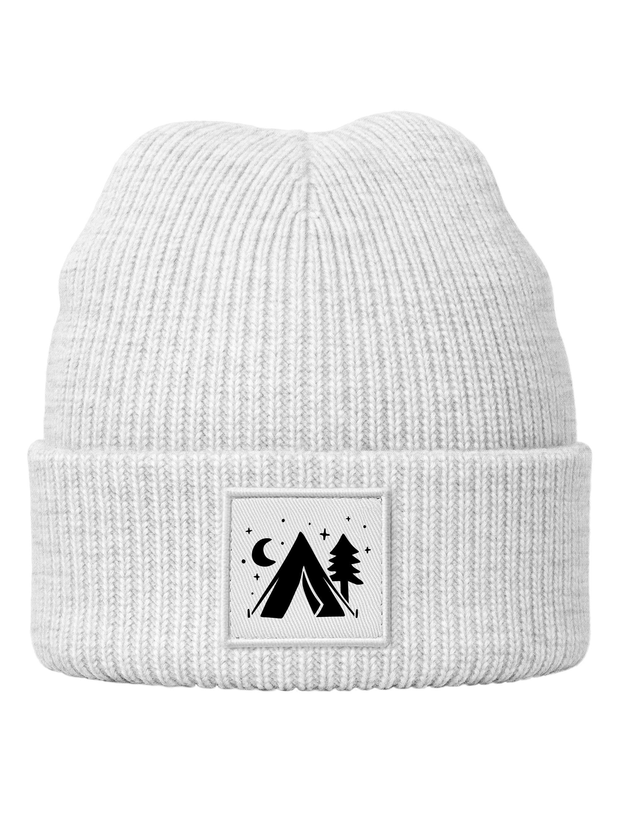 Strickmütze Herren Mütze Beanie mit Aufdruck Camping Logo Patch Wintermütze Print