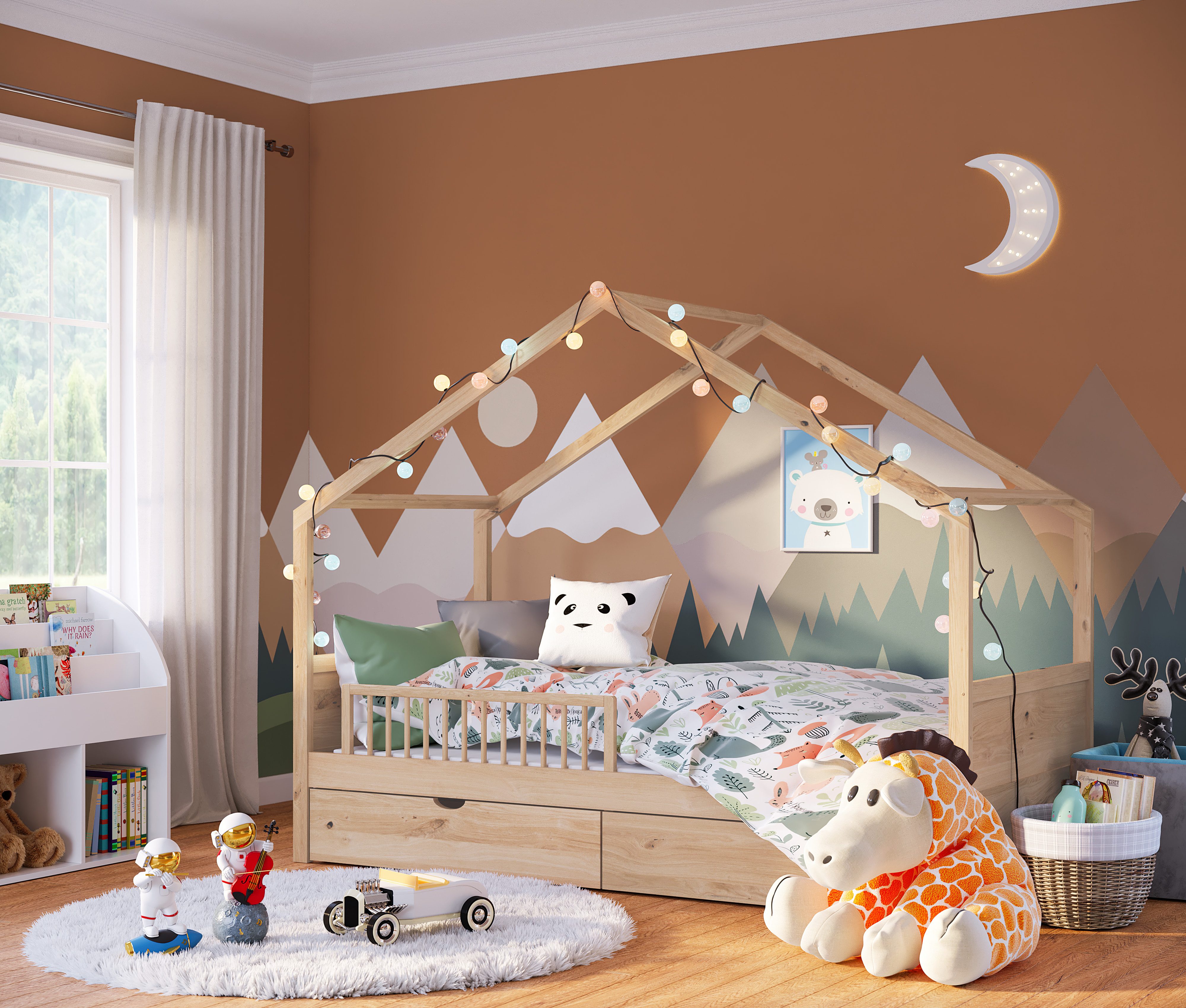 Bellabino Bettschutzgitter Yuna einfach klappbar und vormontiert (natur unbehandelt, 90 cm), Rausfallschutz fürs Babybett