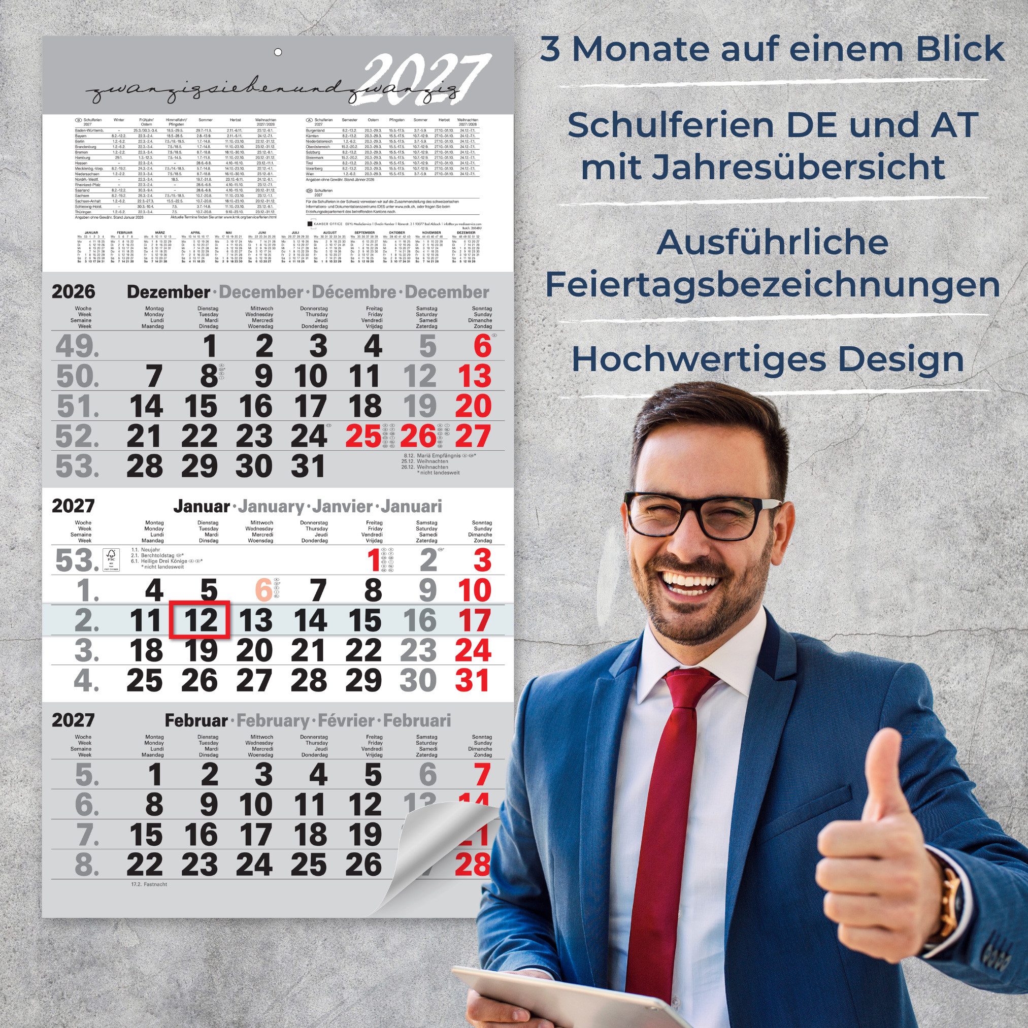 Kamber Office Wandkalender 3 Monatskalender 2027 mit Schieber Büro Kalender "Light Grey", Großer Kalender 2027, Dreimonatskalender 2027 groß mit Datumsschieber  – Bild 3 von 5