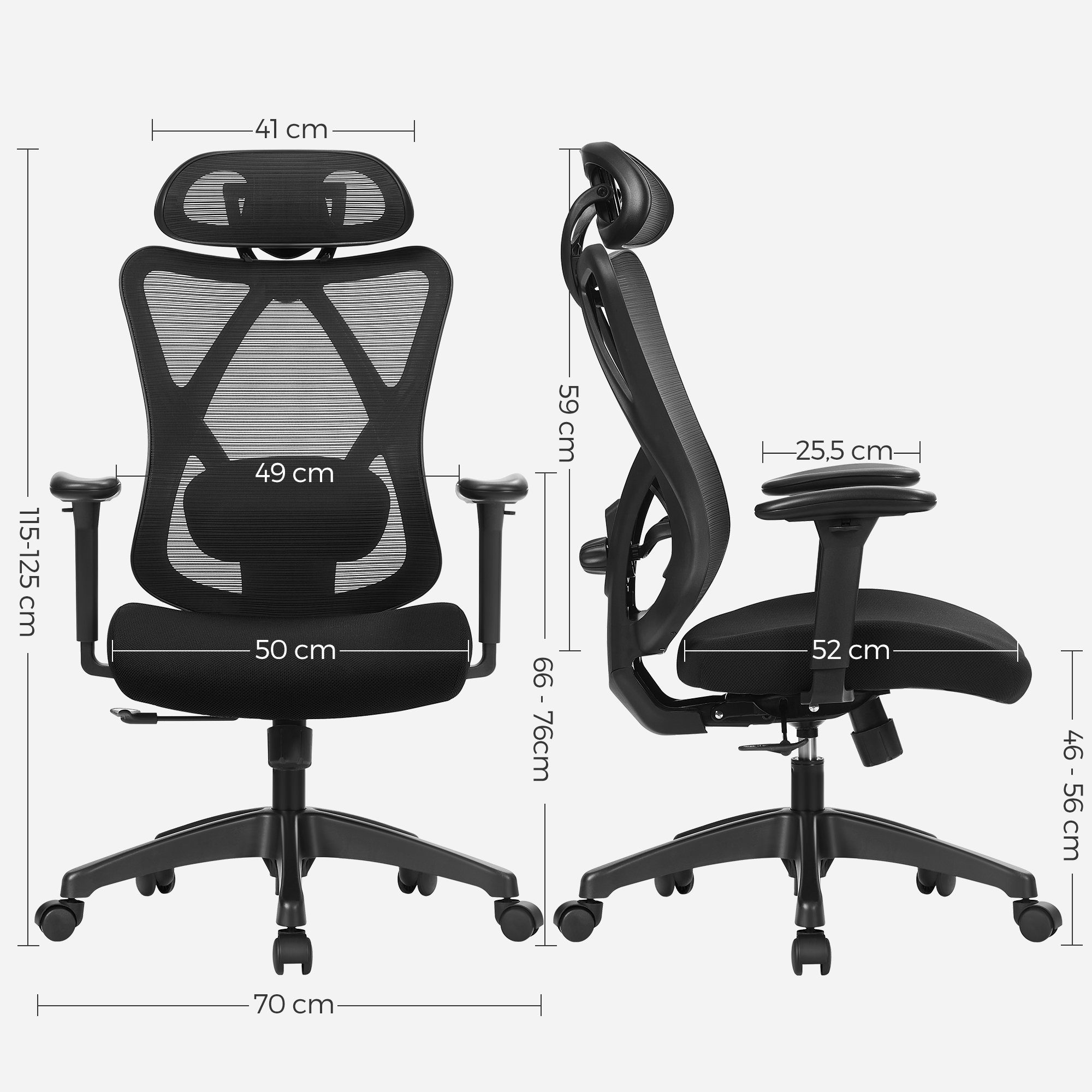 Lendenstütze ergonomisch, und Kopfstütze schwarz SONGMICS Bürostuhl, verstellbare