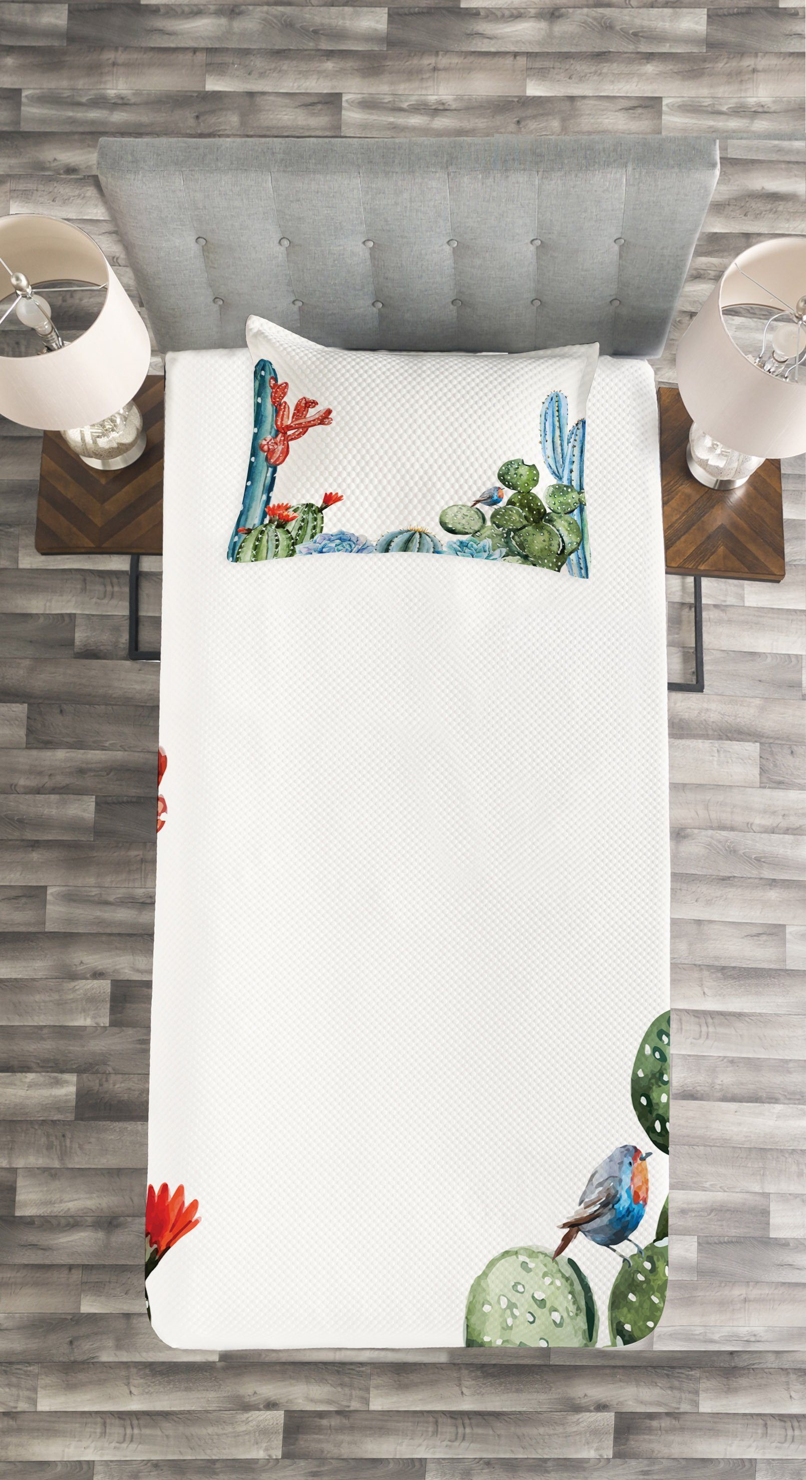 Kaktus-Blumen-Vögel Tagesdecke Kissenbezügen Abakuhaus, Jahrgang Waschbar, Set mit