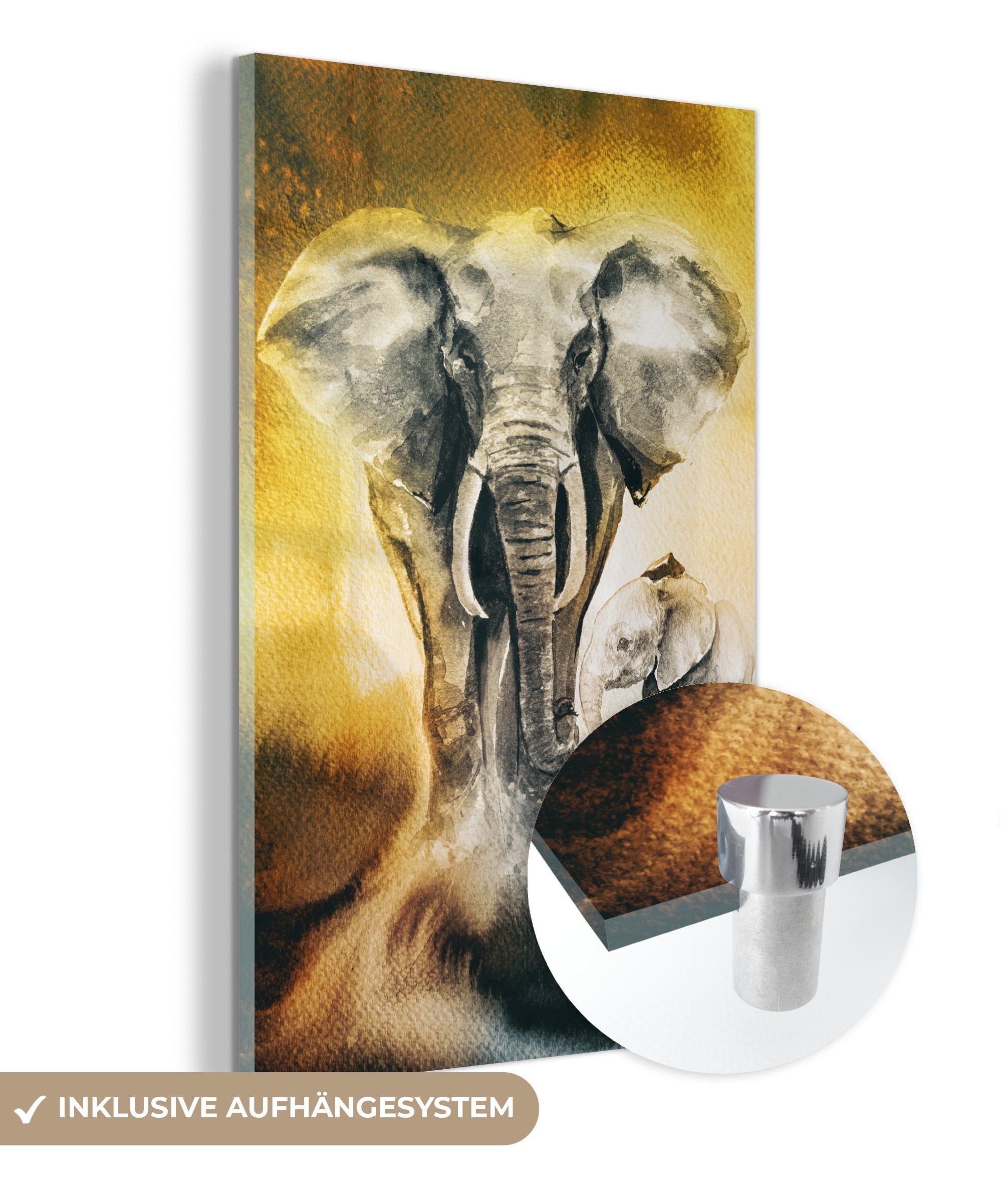 MuchoWow Acrylglasbild Elefant - Aquarellfarbe - Gelb, (1 St), Glasbilder - Bilder auf Glas Wandbild - Foto auf Glas - Wanddekoration