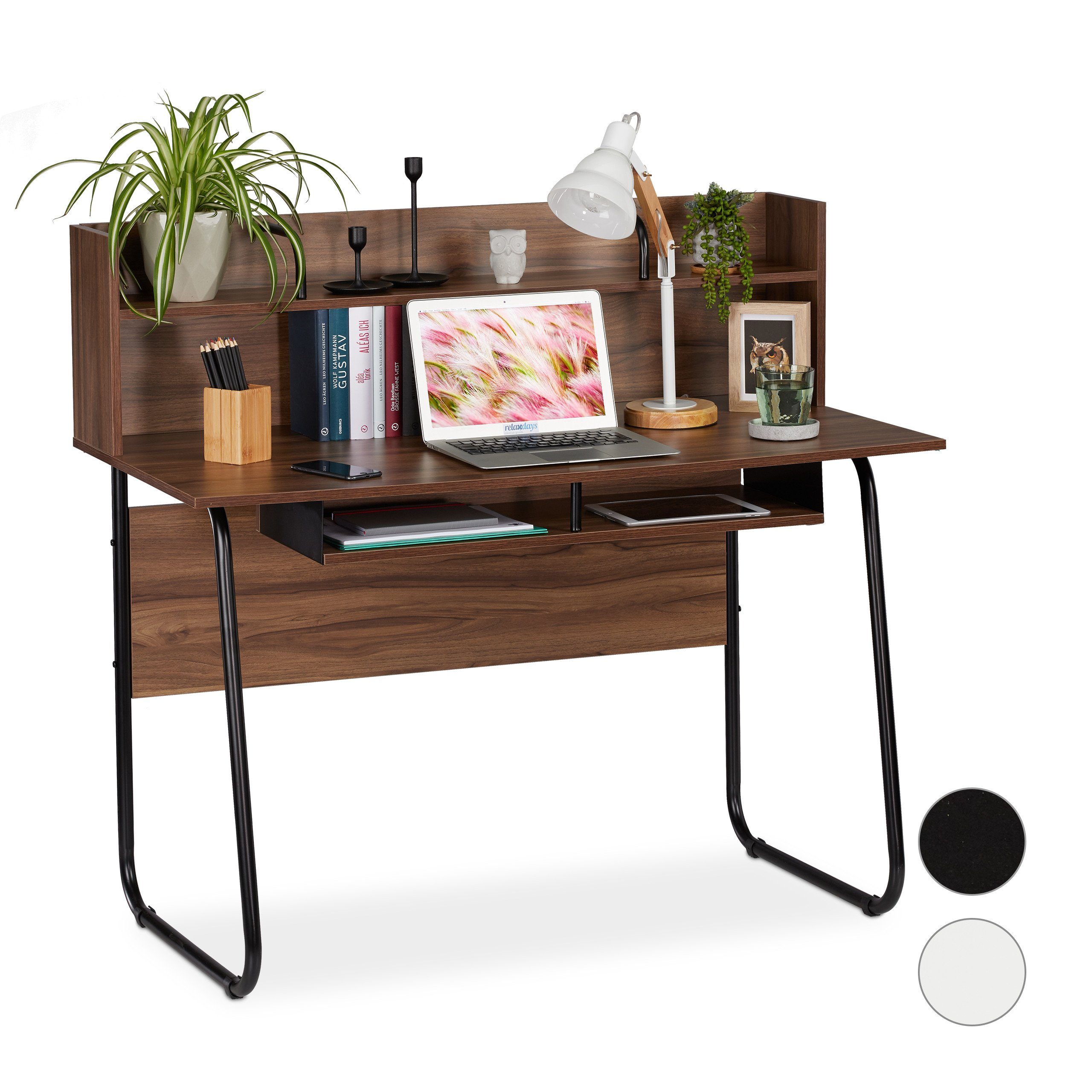 relaxdays Schreibtisch Schreibtisch mit Ablagefächern, Holz / Schwarz Braun Schwarz