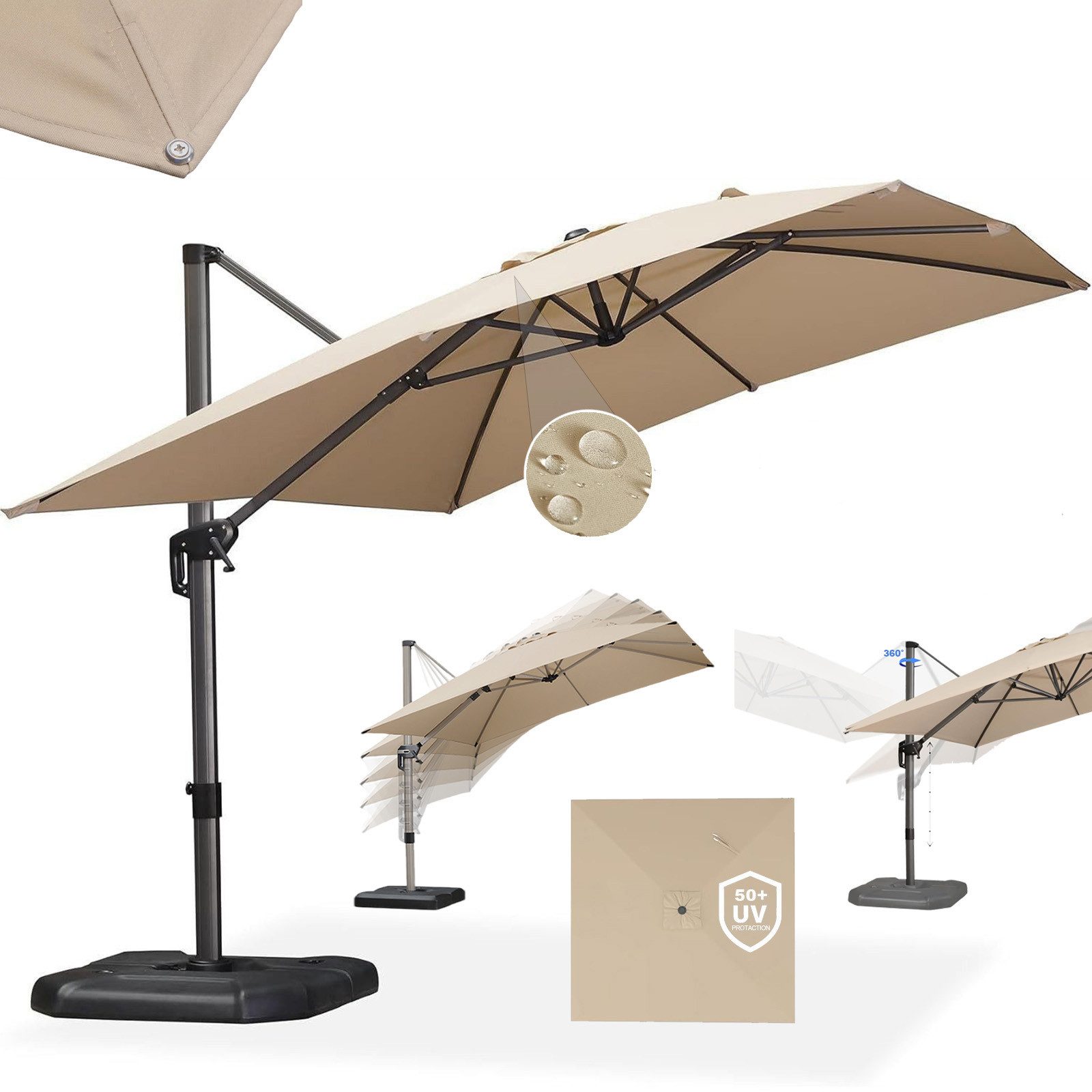 PURPLE LEAF Sonnenschirm Rechteckiger Alu Balkonschirm, Groß Ampelschirm, LxB: 330,00x270,00 cm, 360°Rotation, Sonnenschutz UV50+, für Gartenterrasse, Poolterrasse