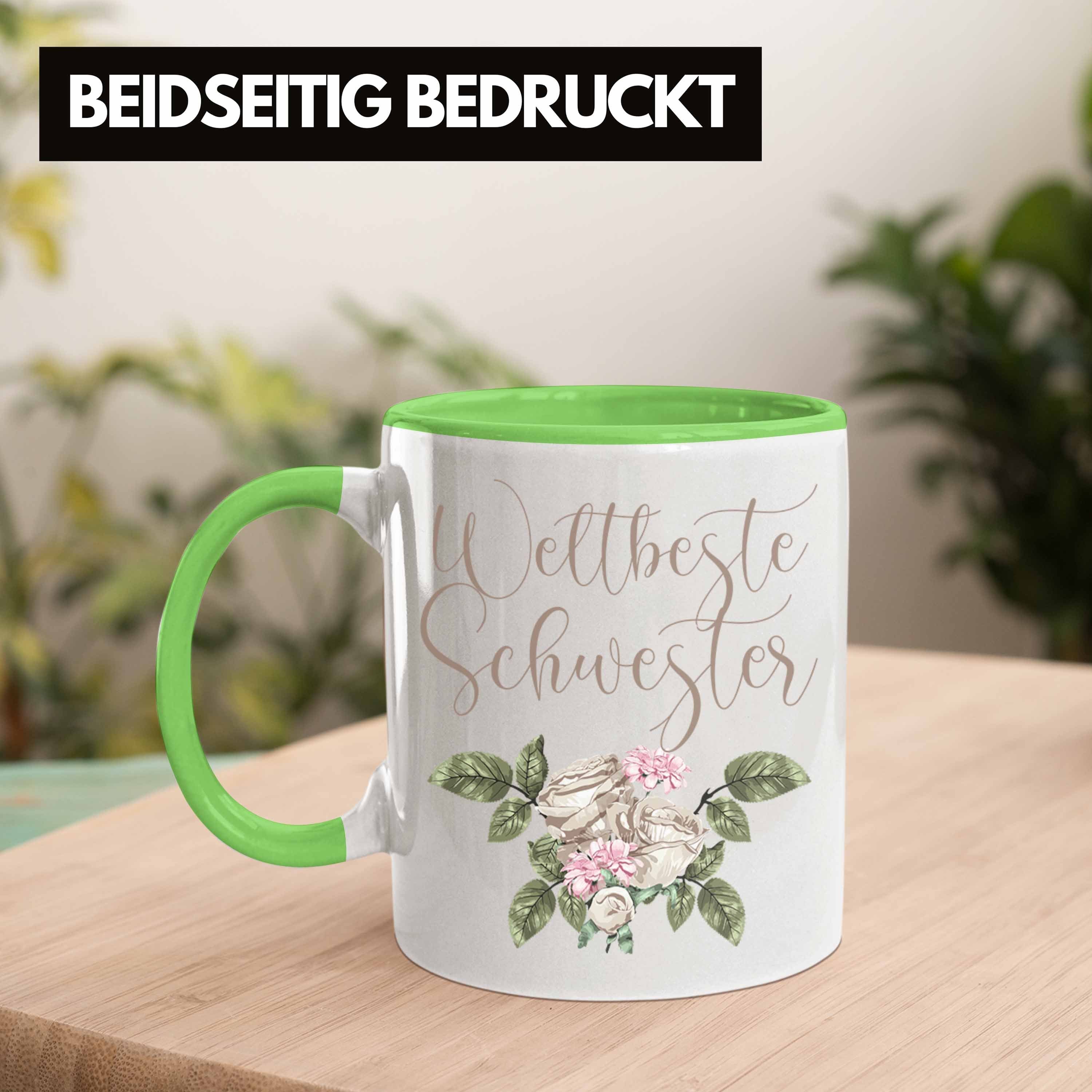 Trendation Schwester Trendation Weltbeste - Schwester Geburtstag Tasse Lustiger Schwesterherz Tasse Geschenk Spruch Grün