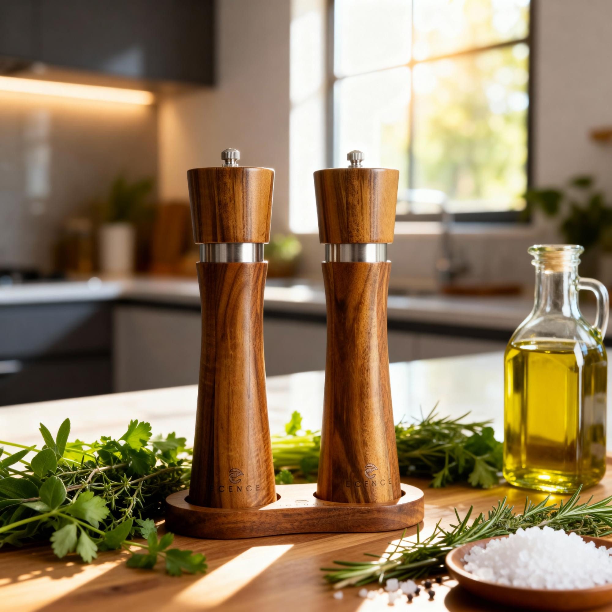 ECENCE Salz-/Pfeffermühle Holz 2er Set aus Akazienholz - Gewürzmühle mit Keramikmahlwerk