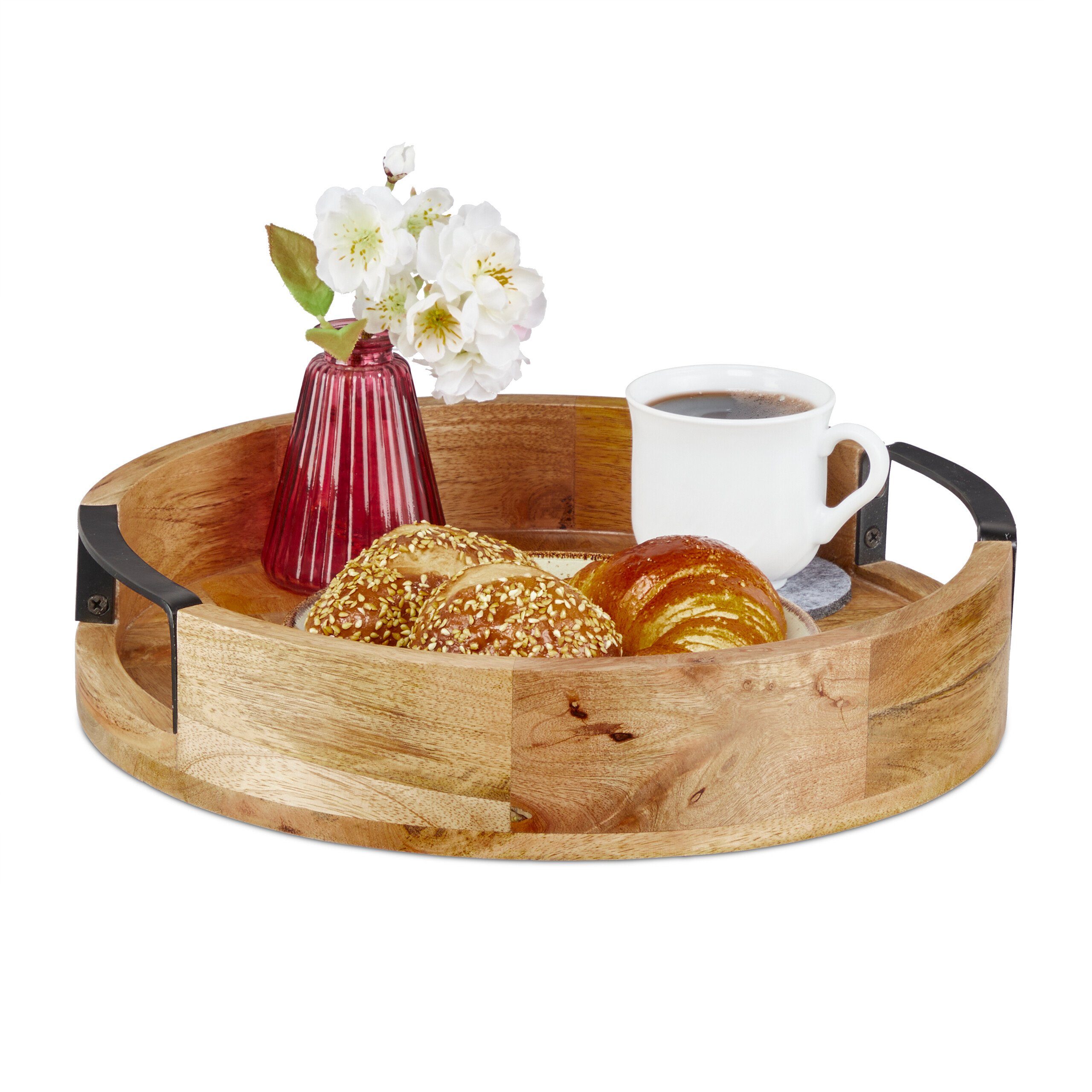 relaxdays Dekotablett Rundes Tablett aus Mangoholz (1 St)