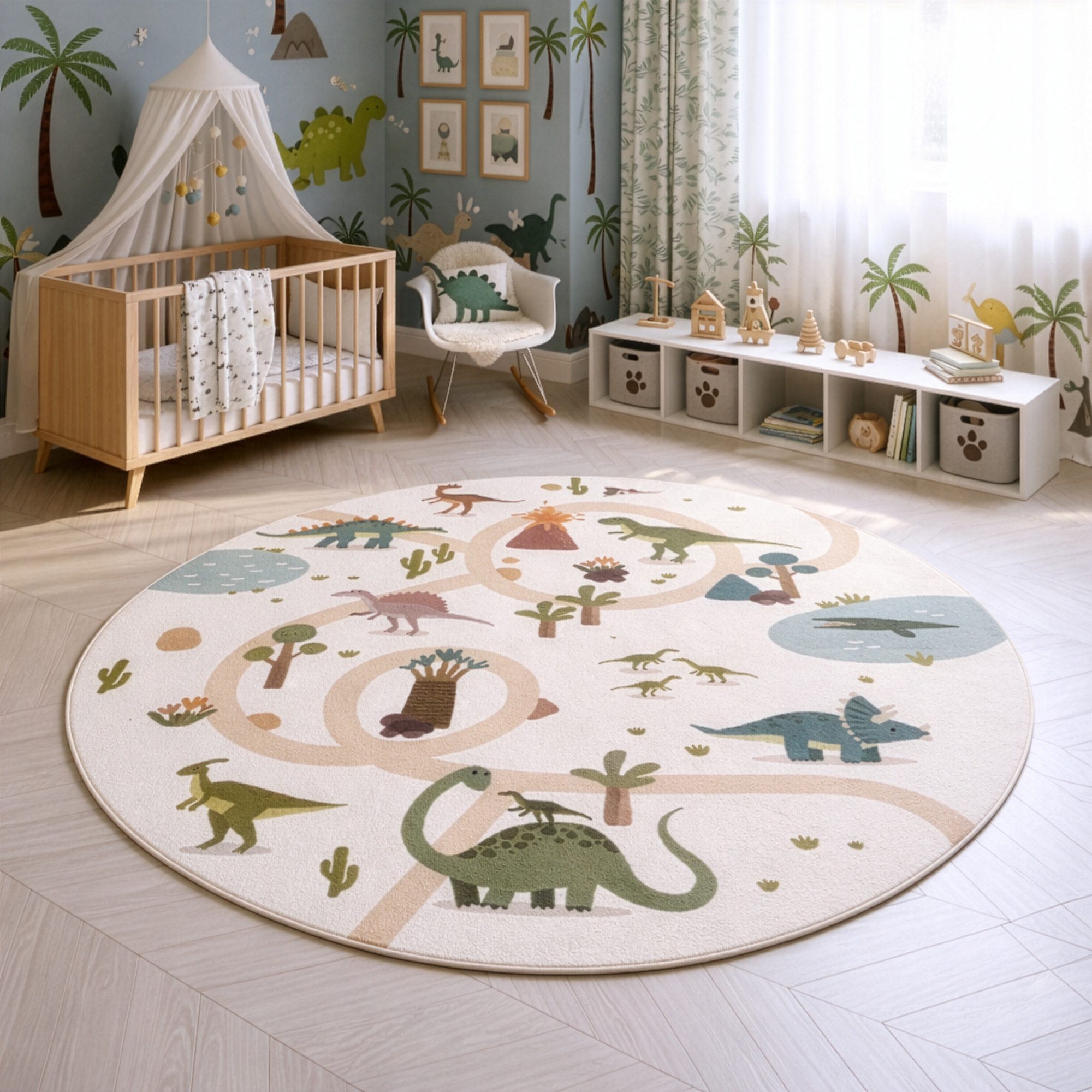 SIMPEX24 Teppich Bunte Dino Welt, Rund, Höhe: 8 mm, Teppich Kinderzimmer