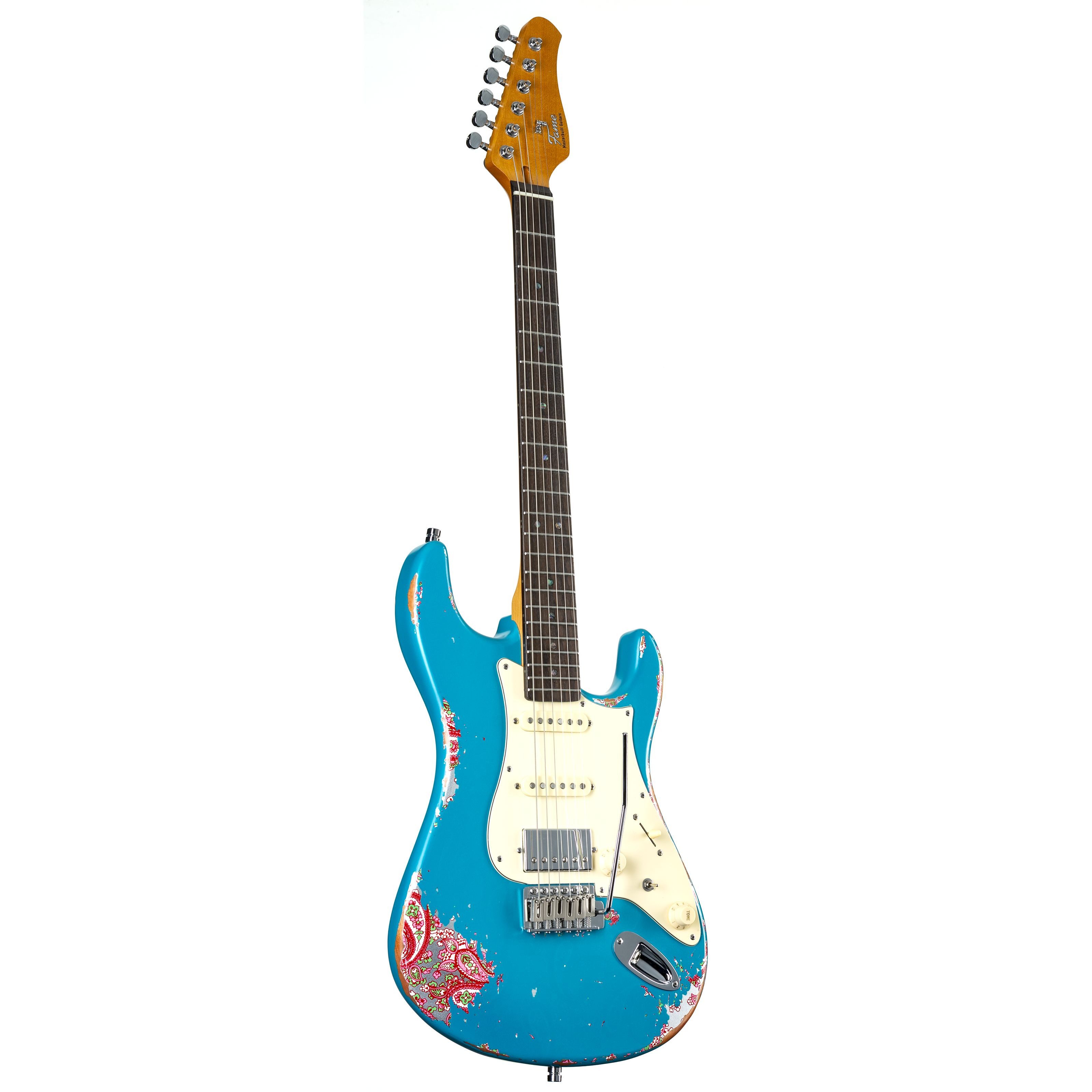 FAME E-Gitarre, E-Gitarren, ST-Modelle, Custom ST HSS RW Worn Aqua over Paisley - E-Gitarre