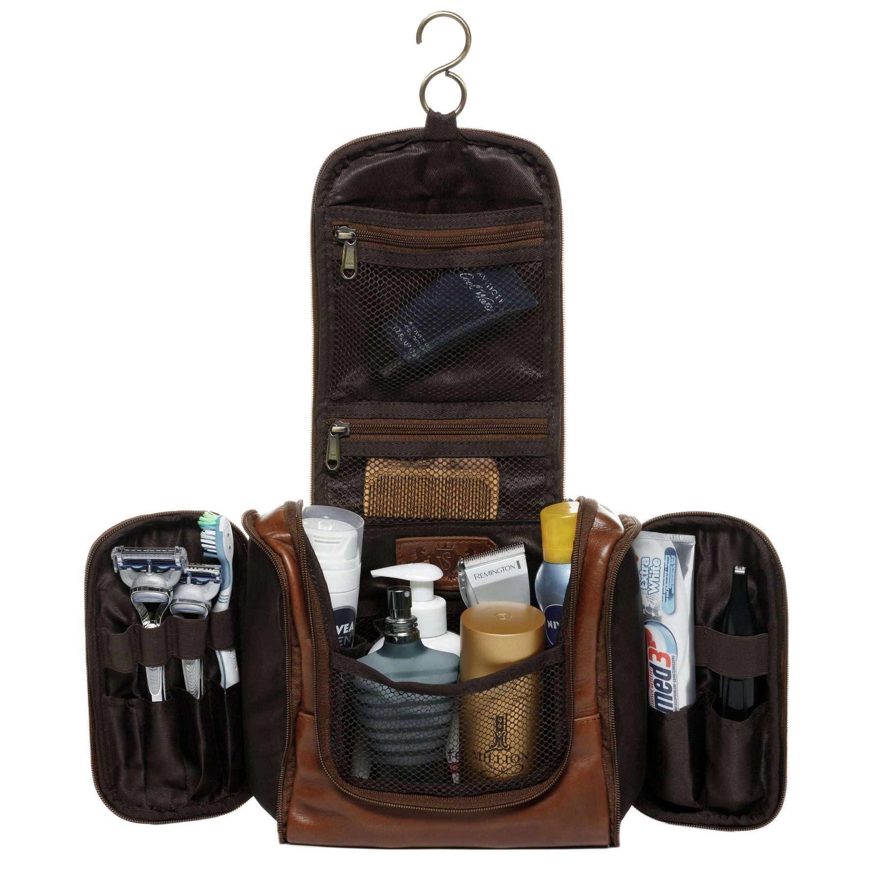 SID & VAIN Kulturbeutel echt Leder Kulturtasche zum Aufhängen groß hell-braun, Waschbeutel Echtleder für Damen & Herren, Kosmetiktasche hellbraun