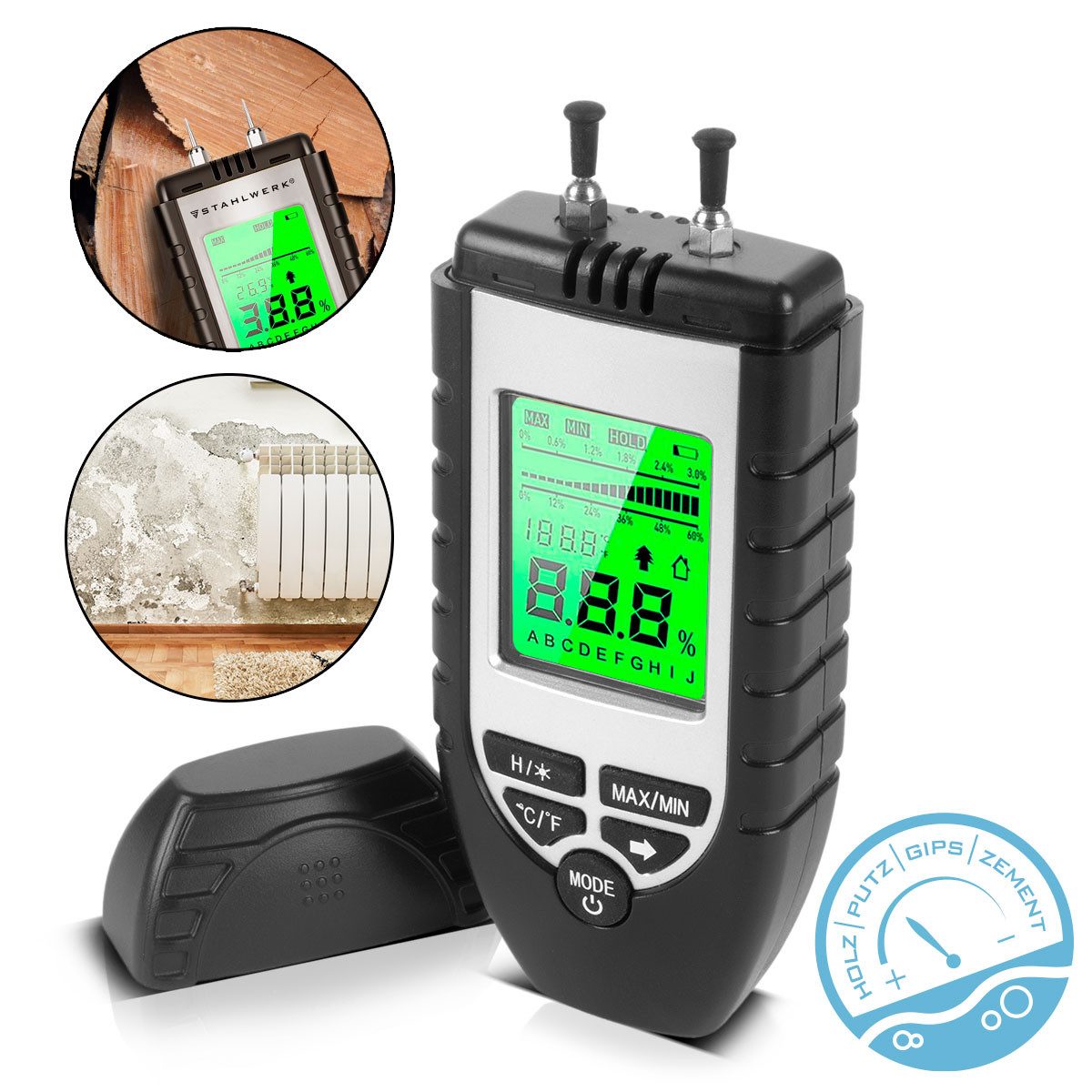 STAHLWERK Feuchtigkeitsmesser Feuchtigkeitsmesser FM-60 ST für Holz Baustoffe, (Set, Einzelartikel), beleuchtetes LCD-Display