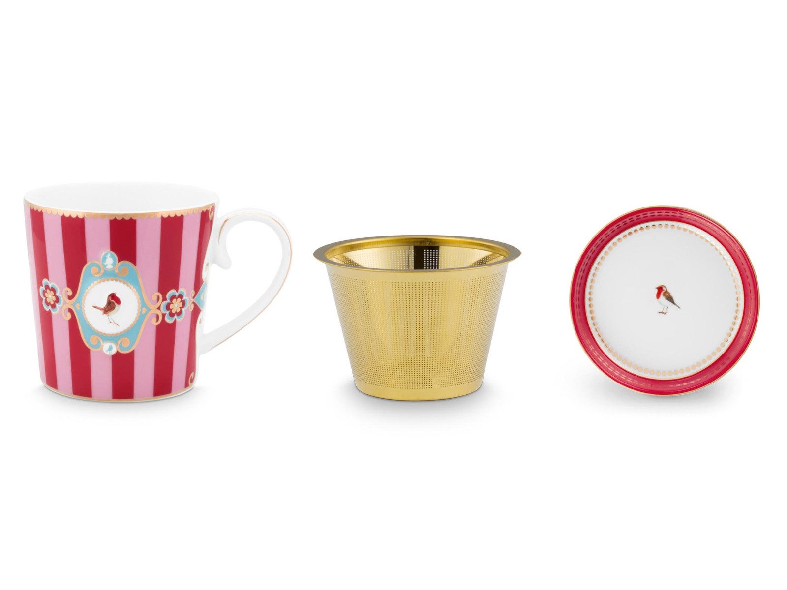 PiP Studio Geschirr-Set Love Birds Medallion Stripes Red-Pink Teeset für eine Person, Porzellan