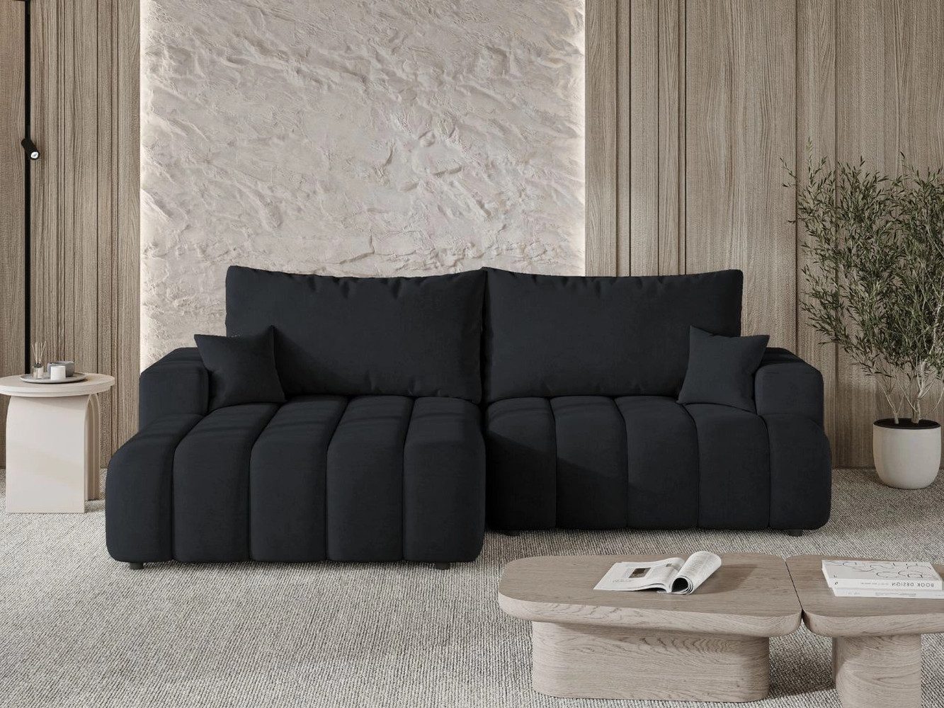 GrainGold Ecksofa mit Schlaffunktion und Bettkasten CALEO L - 270x170 cm, Schwarz, Wellenfedern, T30-Schaum