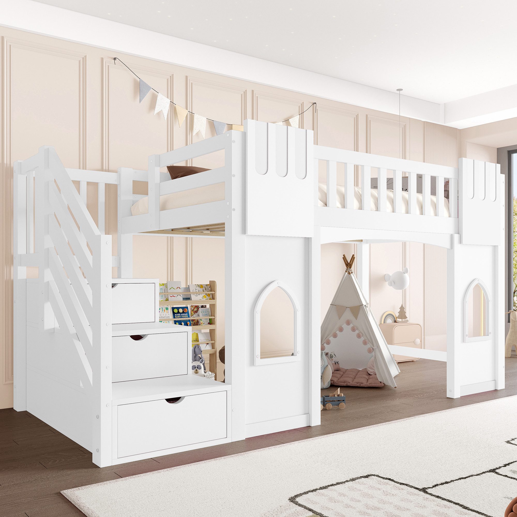 Flieks Etagenbett, Hochbett Fenster-Design 90x200cm mit günstig online kaufen