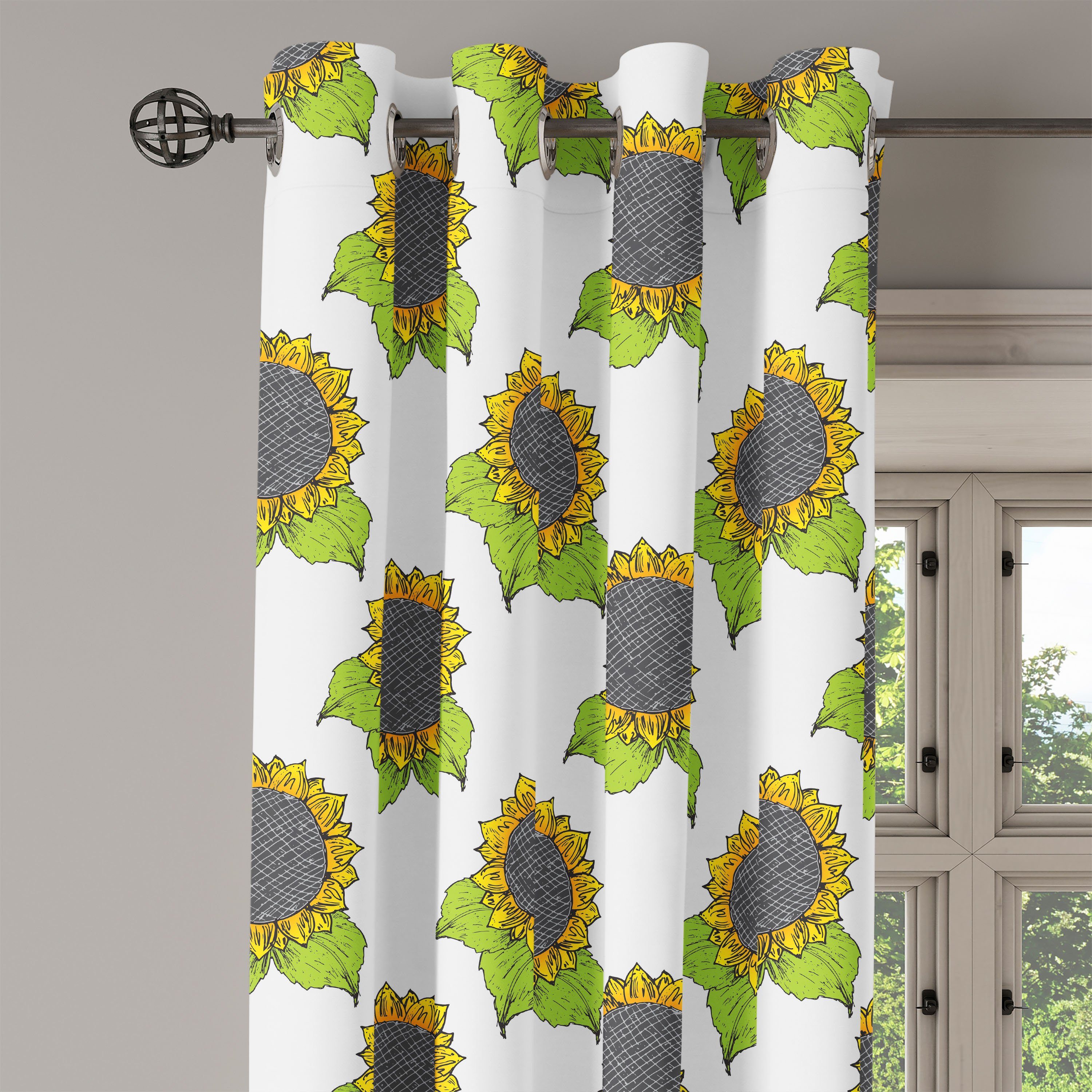 Wohnzimmer, Gardine Schlafzimmer Abakuhaus, Frühlings-Sonnenblume-Skizze Dekorative Blumen für 2-Panel-Fenstervorhänge
