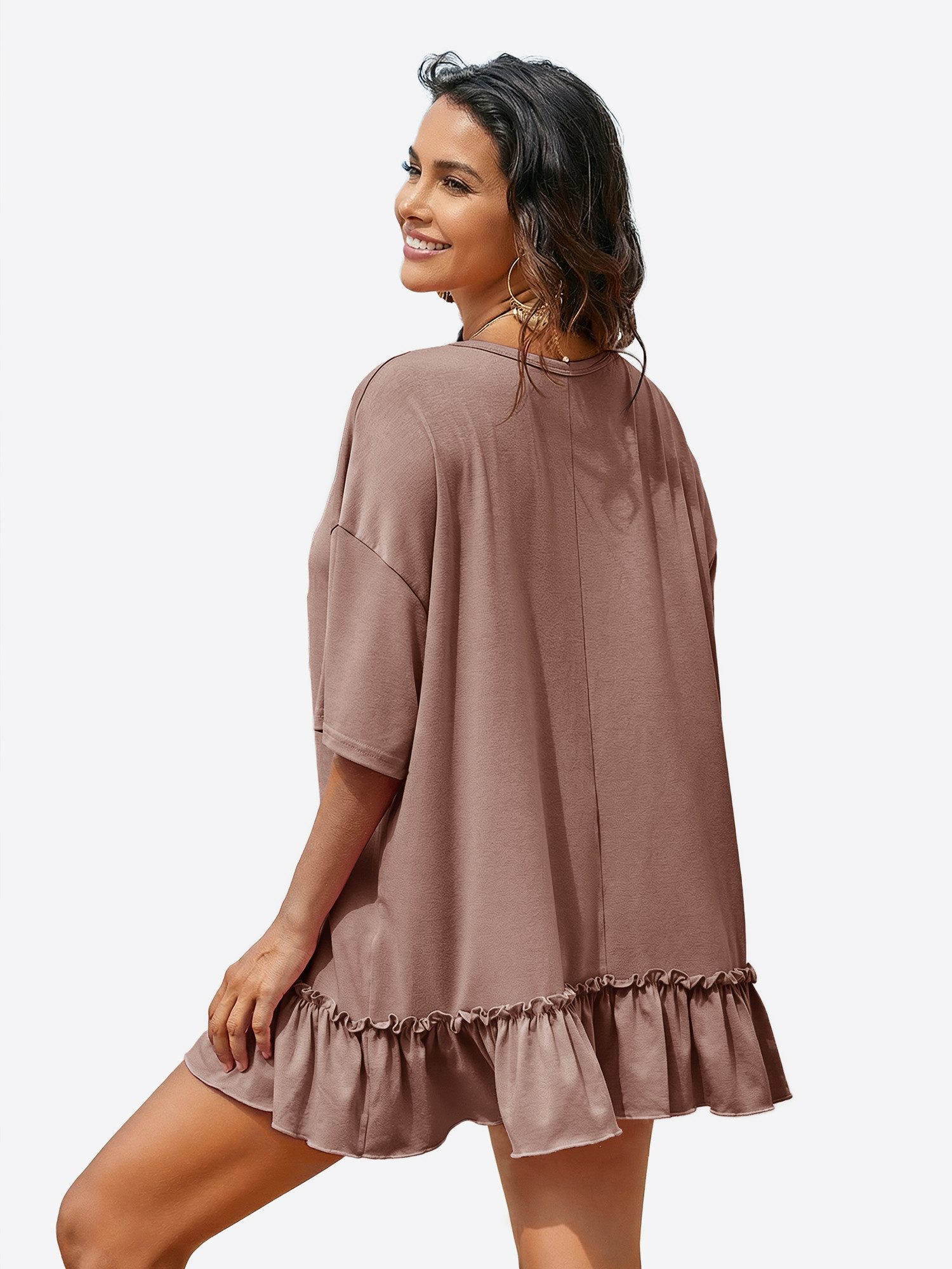 Imily Bela Shirtkleid Damen mit Rüschen Rundhals Oversize Sommer Strand Tunika (Packung, 1-tlg., 1per-Pack) mit Rundhalsausschnitt in Unifarbe