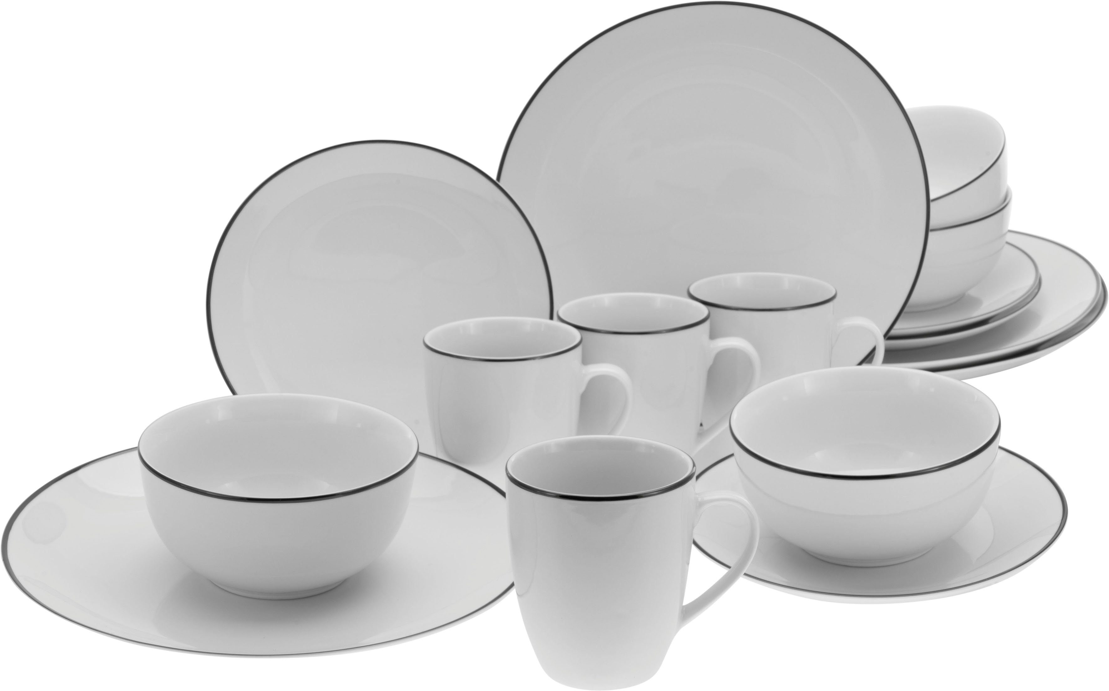 CreaTable Комбинированное обслуживание Luna Black Line (16-tlg), 4 Personen, Porzellan, handgemaltes Liniendekor
