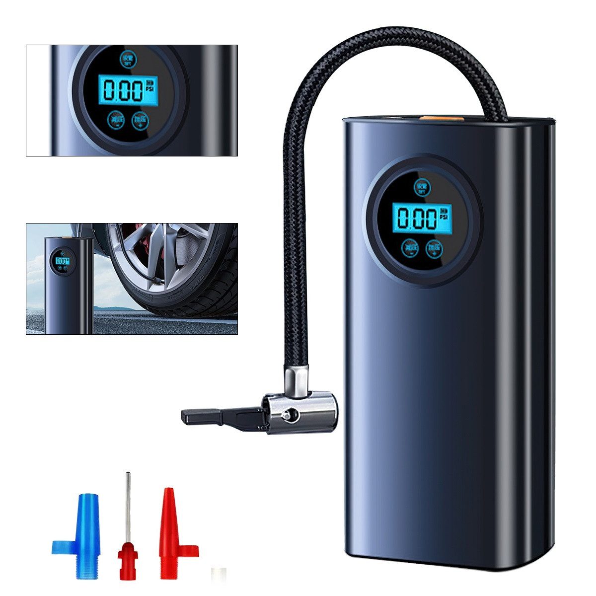 Akku-Luftpumpe Luftpumpe Kompressor-Reifenfüller mit LCD-Display,mit 3 Düsenadaptern