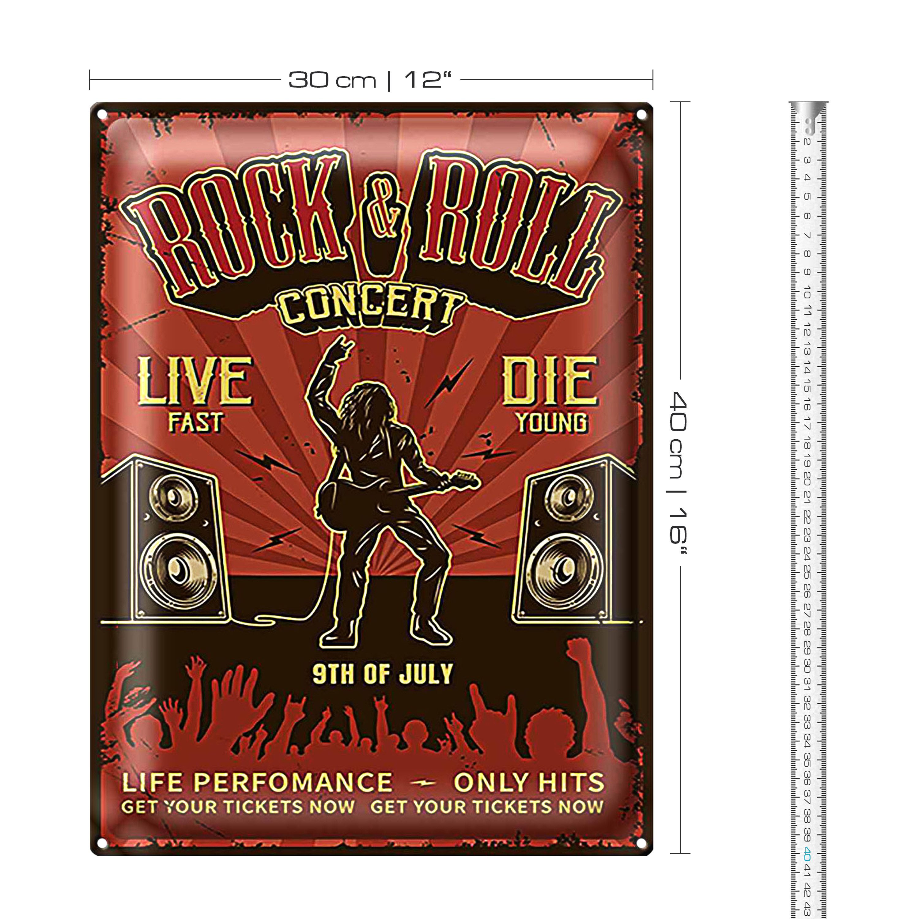Roomando Metallschild Retro 30x40cm Rock&Roll Concert live 9th july