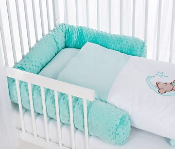 Babyhafen Kinderbett Hausbett 120x60 Rausfallschutz Kinderbett Teddy grün (Komplettset), Ausführung mit Matratze und Bettwäscheset