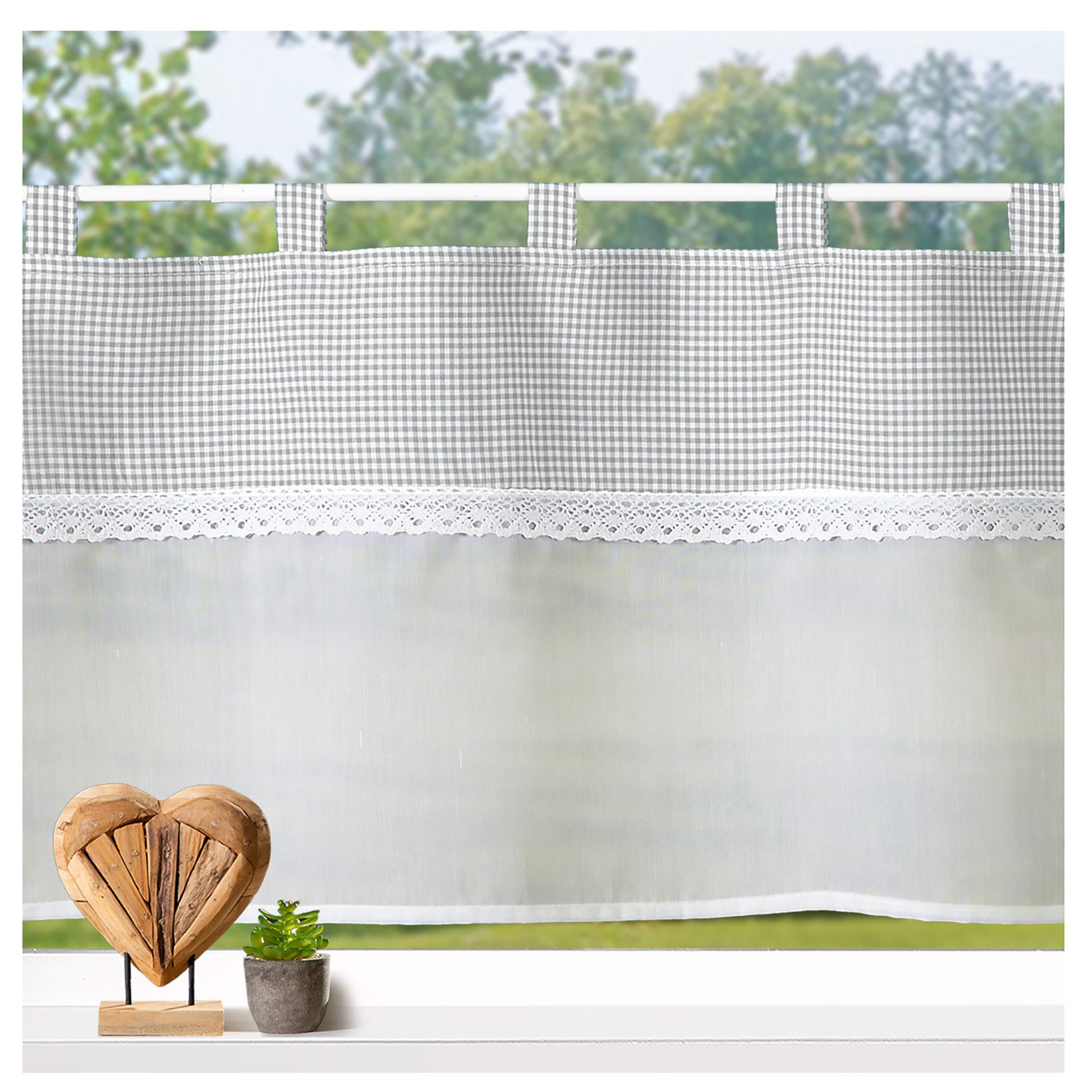 heimtexland Scheibengardine Landhaus Bistro Gardine Küche Batist Vichy Karo (1 St), Schlaufen, halbtransparent, Batist-Optik, Schlaufen I Häkel-Borte I Fensterdeko