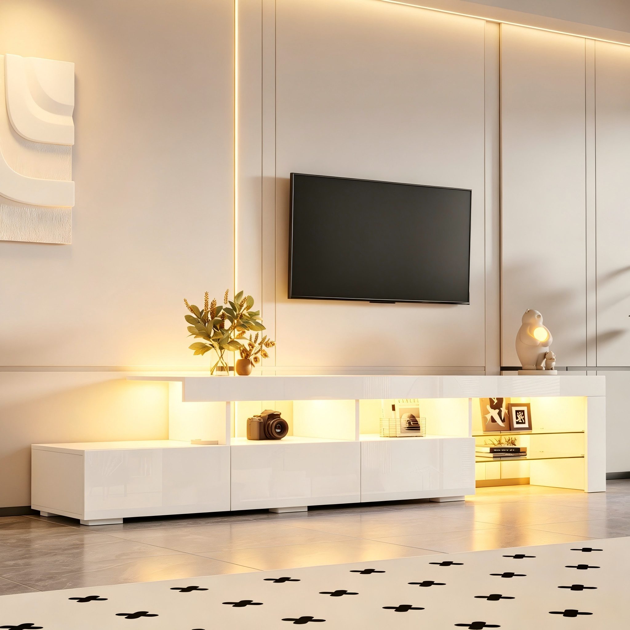 Odikalo TV-Schrank Lowboard Fernsehschrank mit LED Schubladen (Hochglanzfront, drei Schubladen, geeignet für Fernseher bis 75 Zoll, geeignet für Wohnzimmer, Schlafzimmer und Esszimmer 180 x 35 x 45 cm)