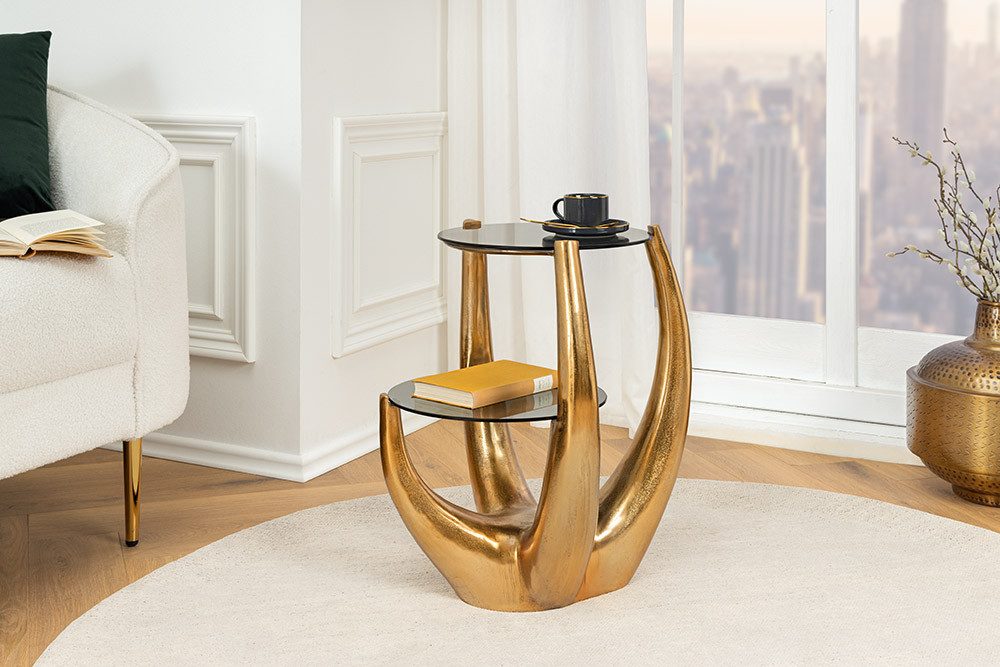 riess-ambiente Beistelltisch LEVELS 50cm gold antik / schwarz · Wohnzimmertisch mit 2 Tischplatten (Einzelartikel, 1-St), Schlafzimmer · Metall-Gestell · rund · handmade · Glasplatte