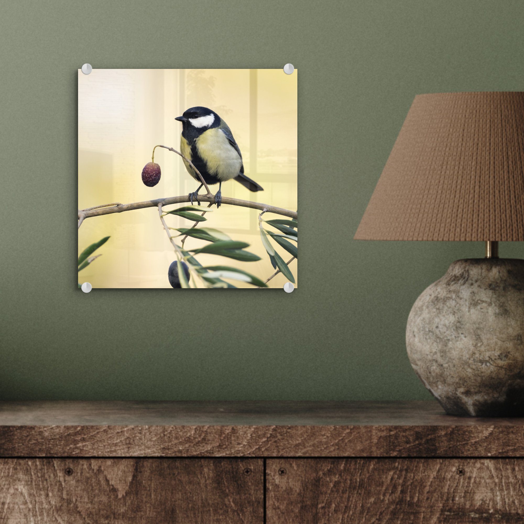 MuchoWow Acrylglasbild Vogel Wanddekoration Zweig Glas Beere, Wandbild - einer (1 Glasbilder auf Glas auf auf Foto St), mit - Bilder - einem