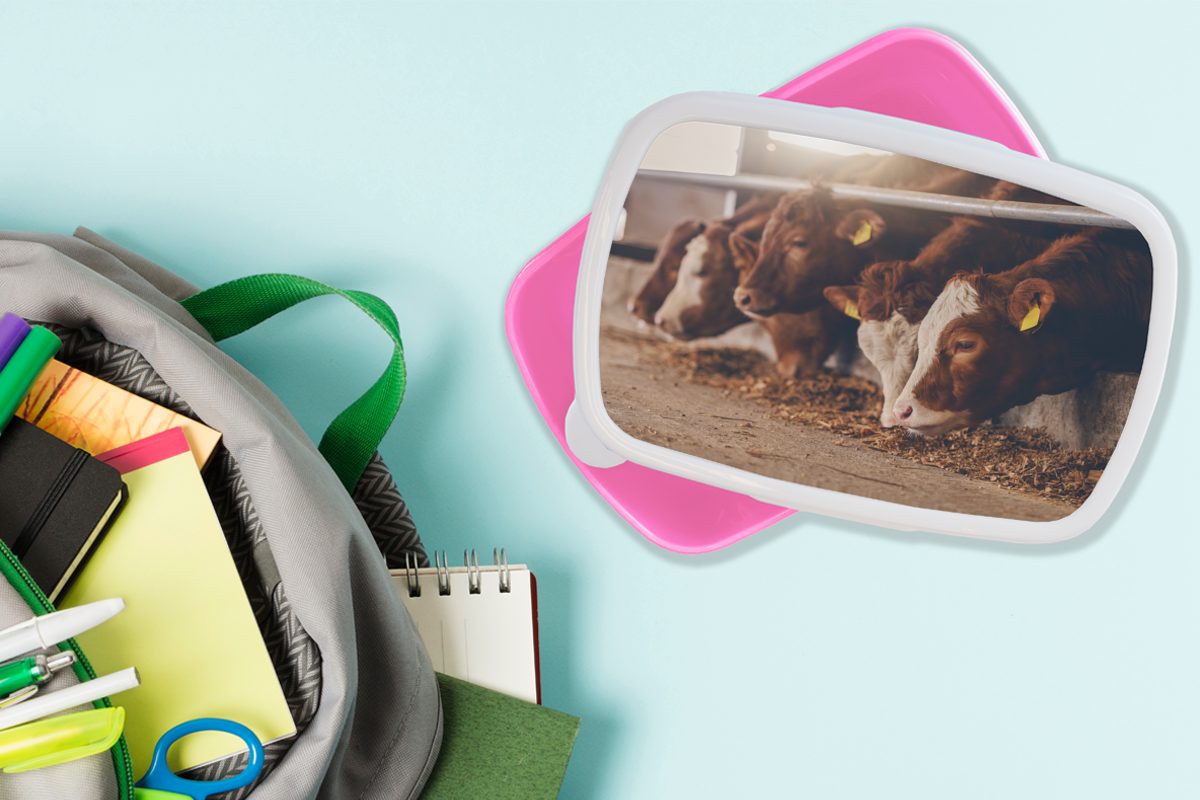 MuchoWow Lunchbox Kuh - Kunststoff, Erwachsene, - Kunststoff Futter Mädchen, Brotdose (2-tlg), rosa Brotbox für Heu, Kinder, Snackbox