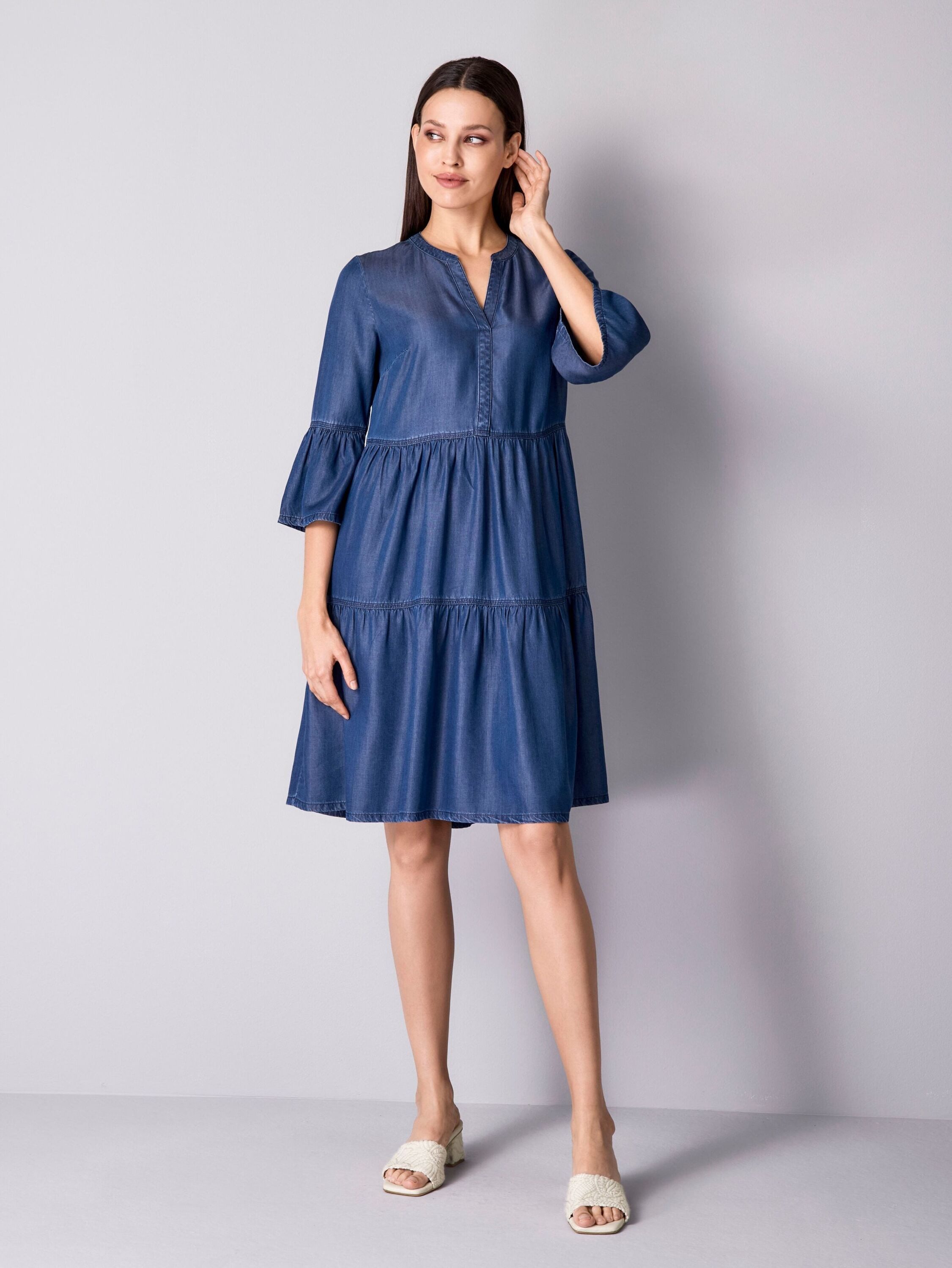 Alba Moda Midikleid Freizeitkleid mit Volantärmeln Unifarbenes Modell mit femininem Ausschnitt und ohne Verschluss