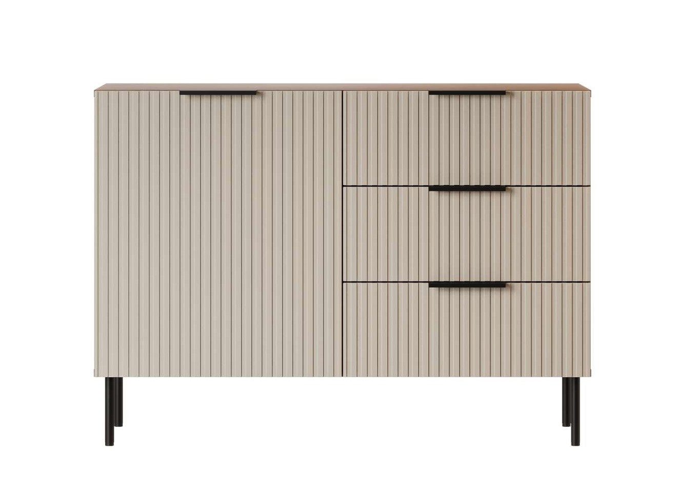 99rooms Kommode Amela (Sideboard, Highboard), mit 1 Tür, 3 Schubladen, aus Holzwerkstoff, Metall Füße & Griffe