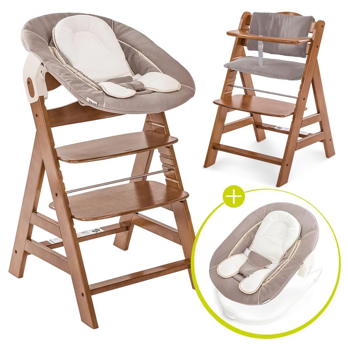 Hauck Hochstuhl Alpha Plus Newborn Set - Walnut, Holz Babyhochstuhl ab Geburt inkl. Neugeborenenaufsatz & Sitzauflage