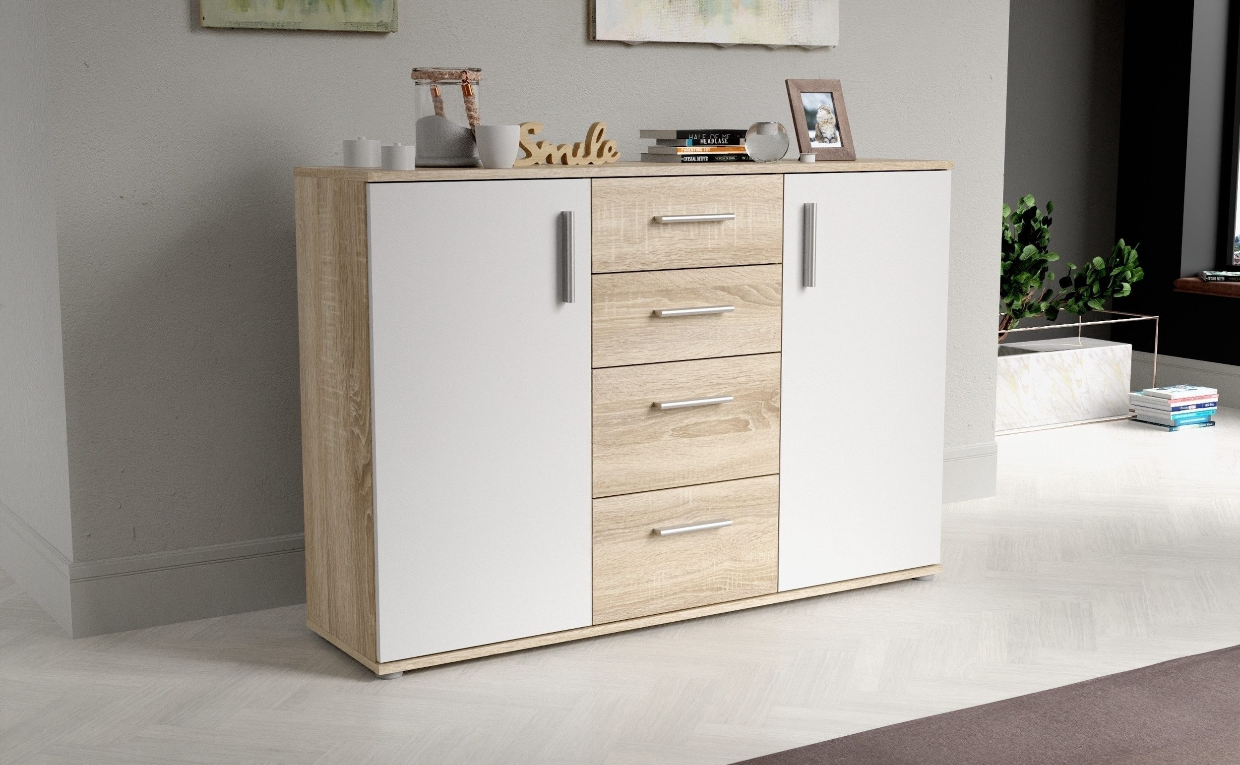 freiraum Sideboard IKOLI, 2 Türen, 4 Schübe, Sonoma Eiche / Weiss - 119,6x8 günstig online kaufen
