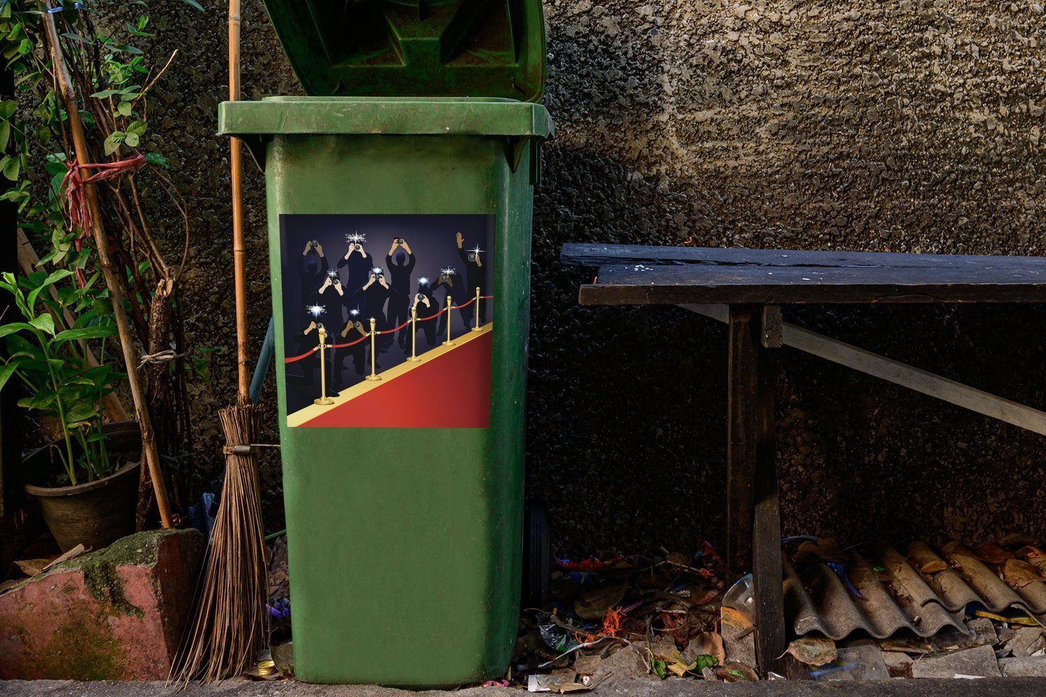 des Abfalbehälter Sticker, Mülltonne, (1 St), Container, Mülleimer-aufkleber, Illustration Eine der entlang Fotografen MuchoWow Wandsticker in roten Teppichs