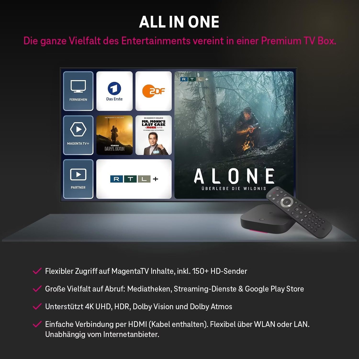 T-Home Streaming-Box Telekom MagentaTV One, Android TV, 4K UHD, HDR10, WiFi, Dolby Atmos, (Media Player, Timeshift, Fernsehen, VoD), 4K Ultra HD, Sprachsteuerung, Internet TV Box