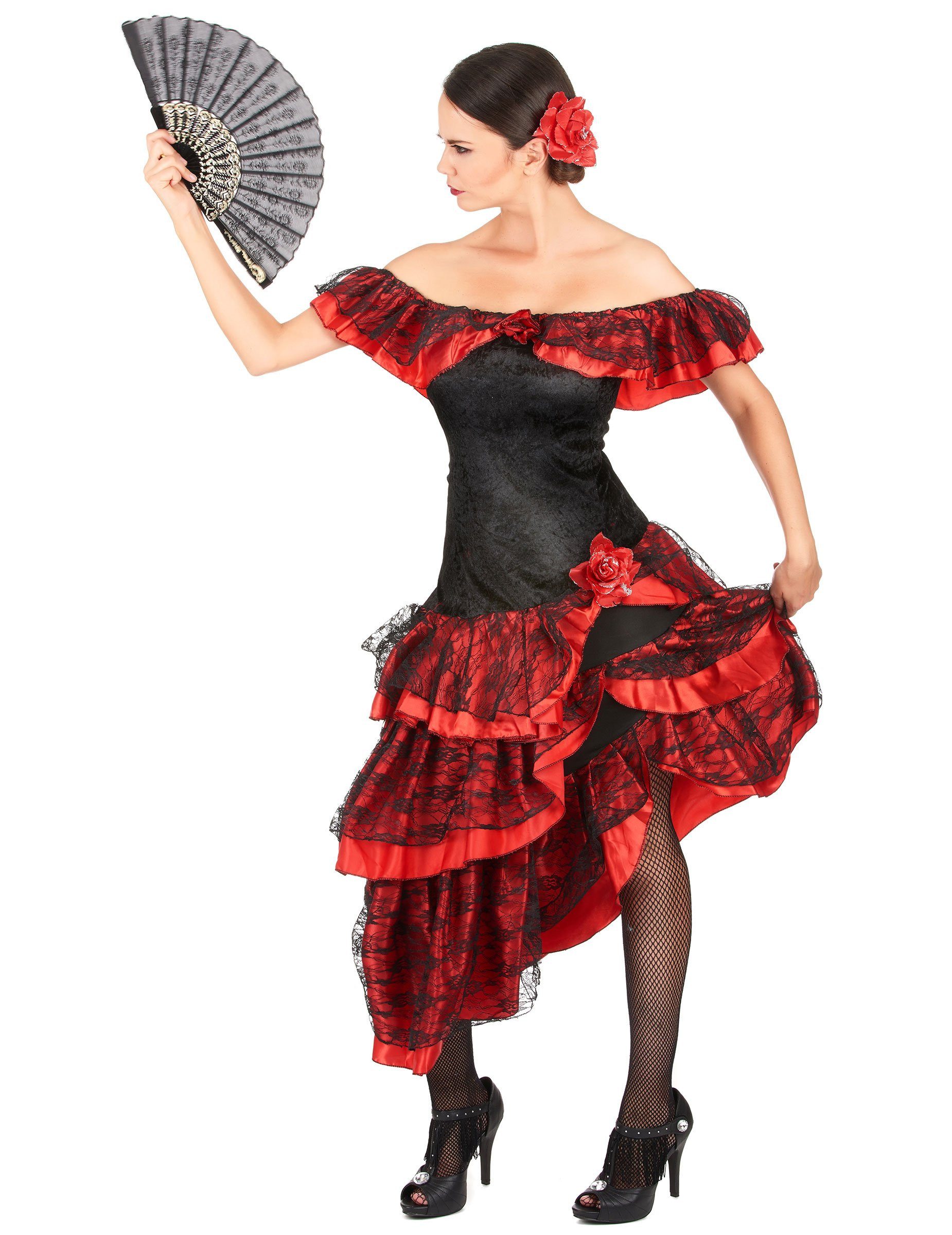JADEO Kostüm Flamenco-Tänzerin Damen-Kostüm rot-schwarz