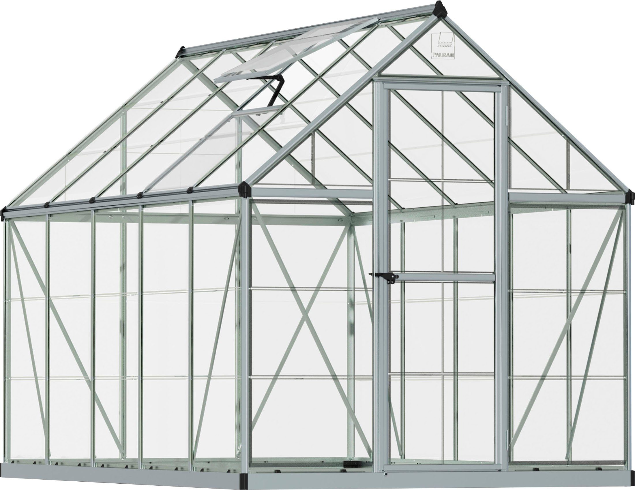Palram - Canopia Gewächshaus Harmony, BxTxH: 185 x 305 x 208 cm, 0,7 mm Wandstärke, Set, inkl. Fundamentrahmen, mit klaren Polycarbonatplatten, silberfarben