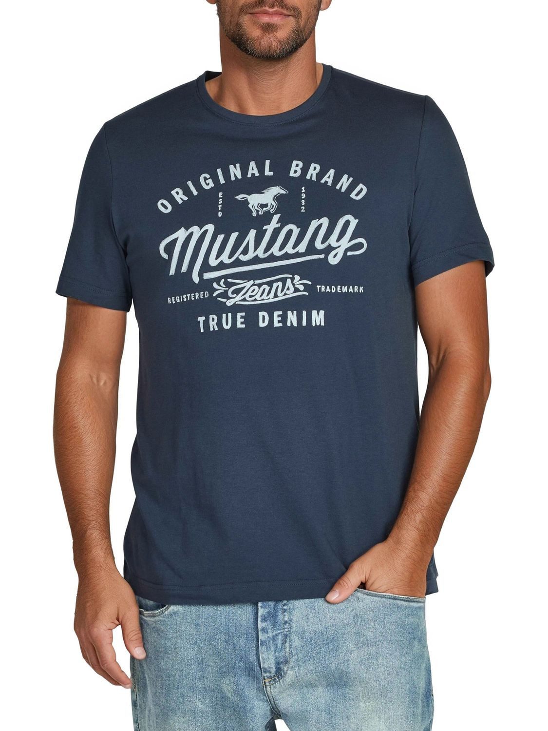 MUSTANG T-Shirt Herren Printshirt Regular Fit (1-tlg) Kurzarm Tee Shirt mit Rundhalsausschnitt aus 100% Baumwolle