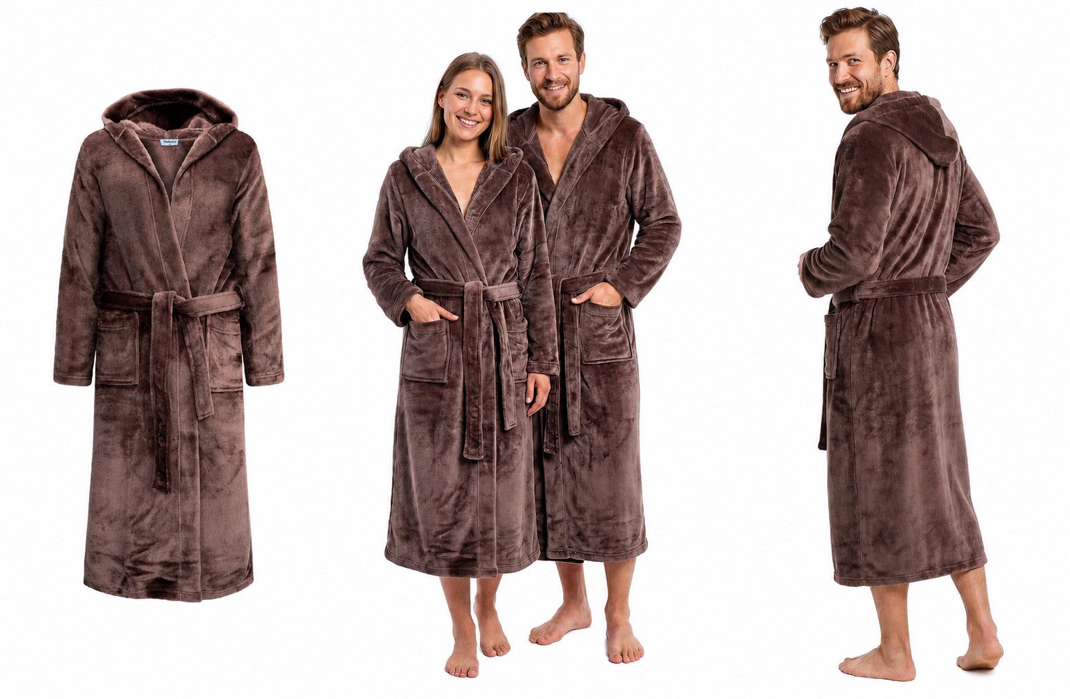 Unisex-Bademantel Exklusiver Fleece-Bademantel Unisex extra lang mit Kapuze Braun 8210