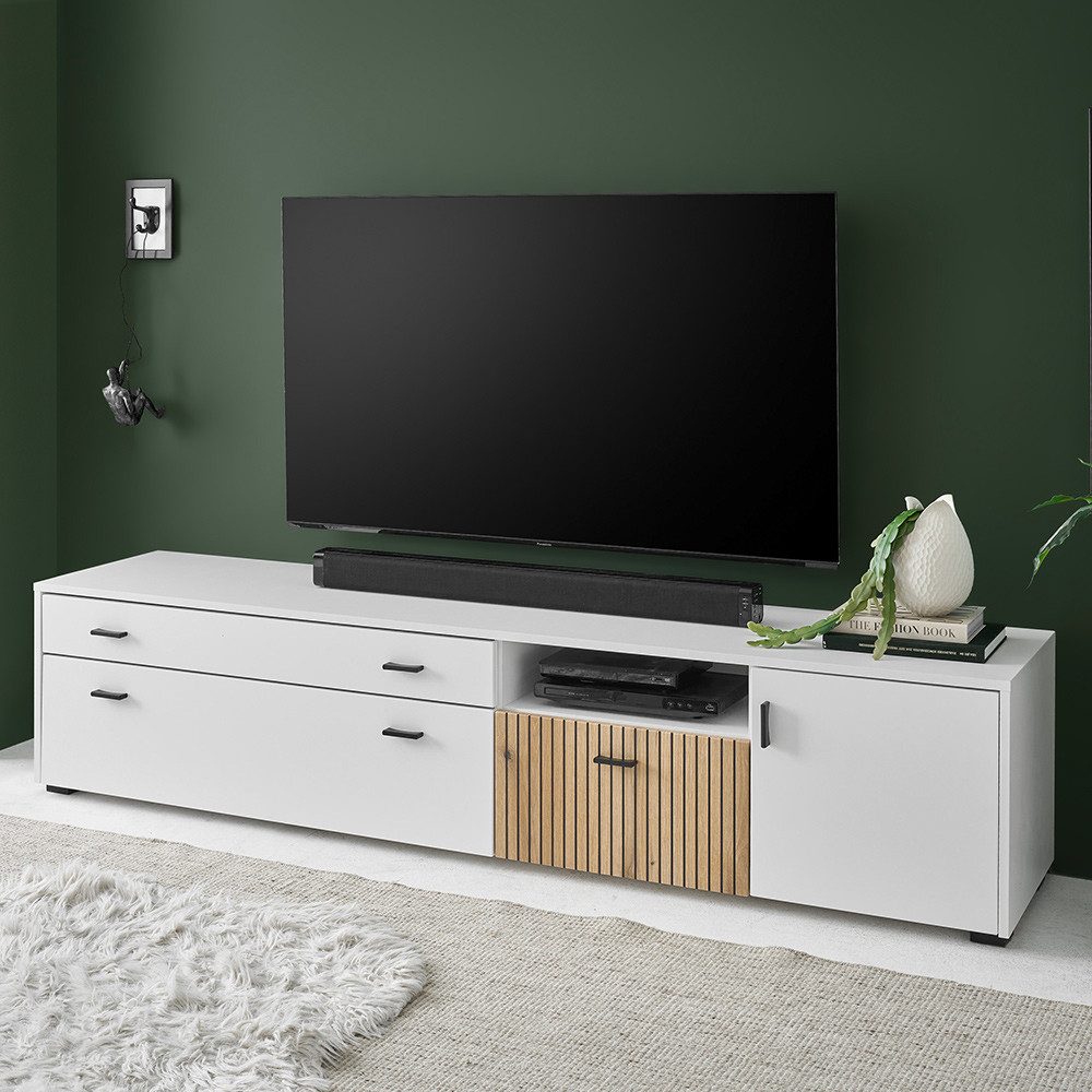 Lomadox Lowboard HUNTER-61, TV-Board Mediamöbel weiß matt Eiche gerillt 200x43,6x42