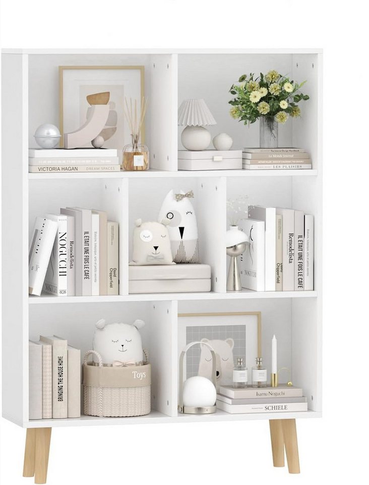 JEOBEST Bücherregal Bücherschrank mit 6 Fächern Weiß, Massivholzbeinen, 1-tlg., Standregal Aktenregal 80 x 24 x 110cm, Anti-Kipp-Vorrichtung