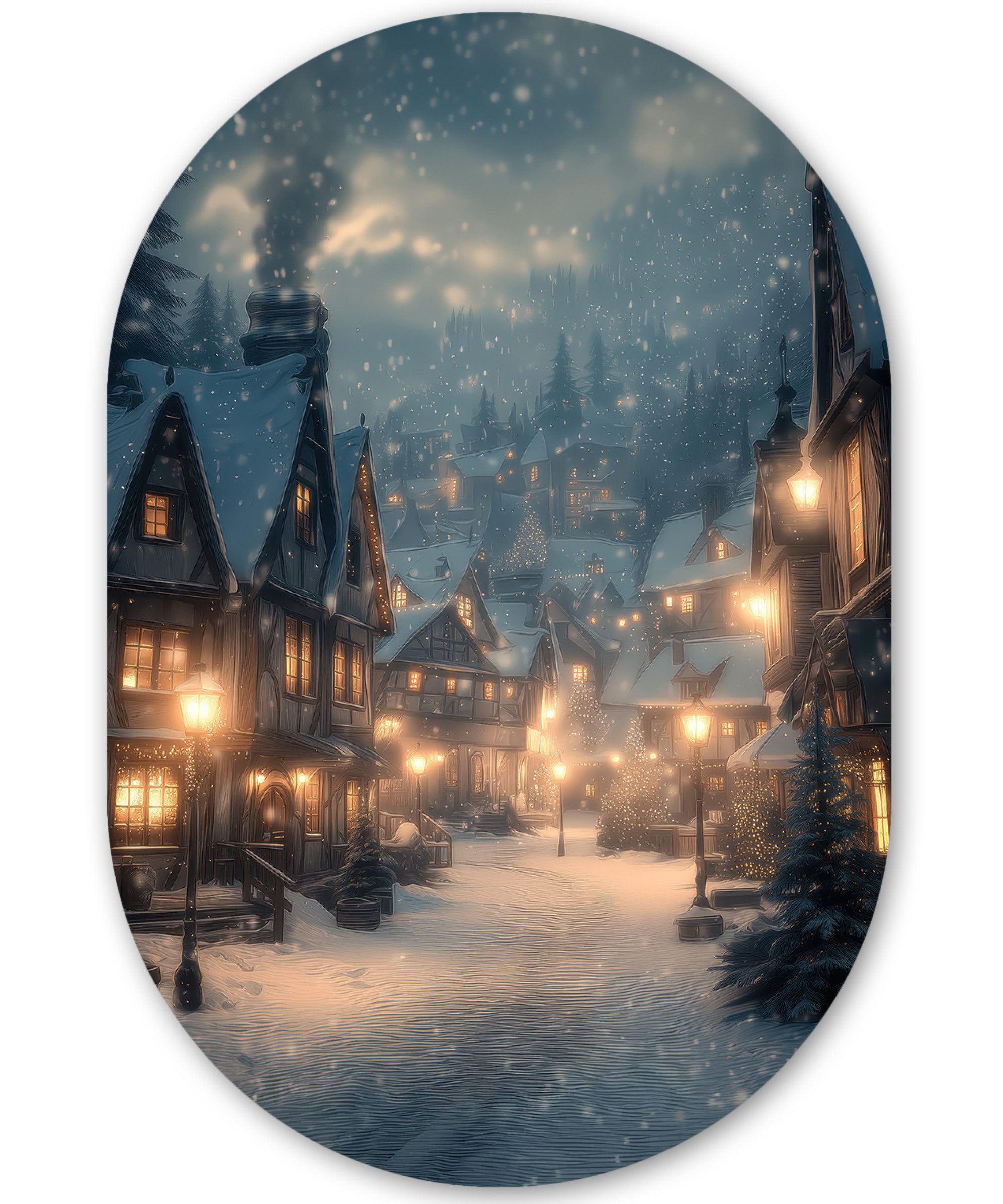 MuchoWow Gemälde Winterdorf - Schnee - Dunkelheit, Fotodruck (1 St), Wandbild Oval, Wohnzimmer oder Schlafzimmer Wanddekoration, 40x60 cm